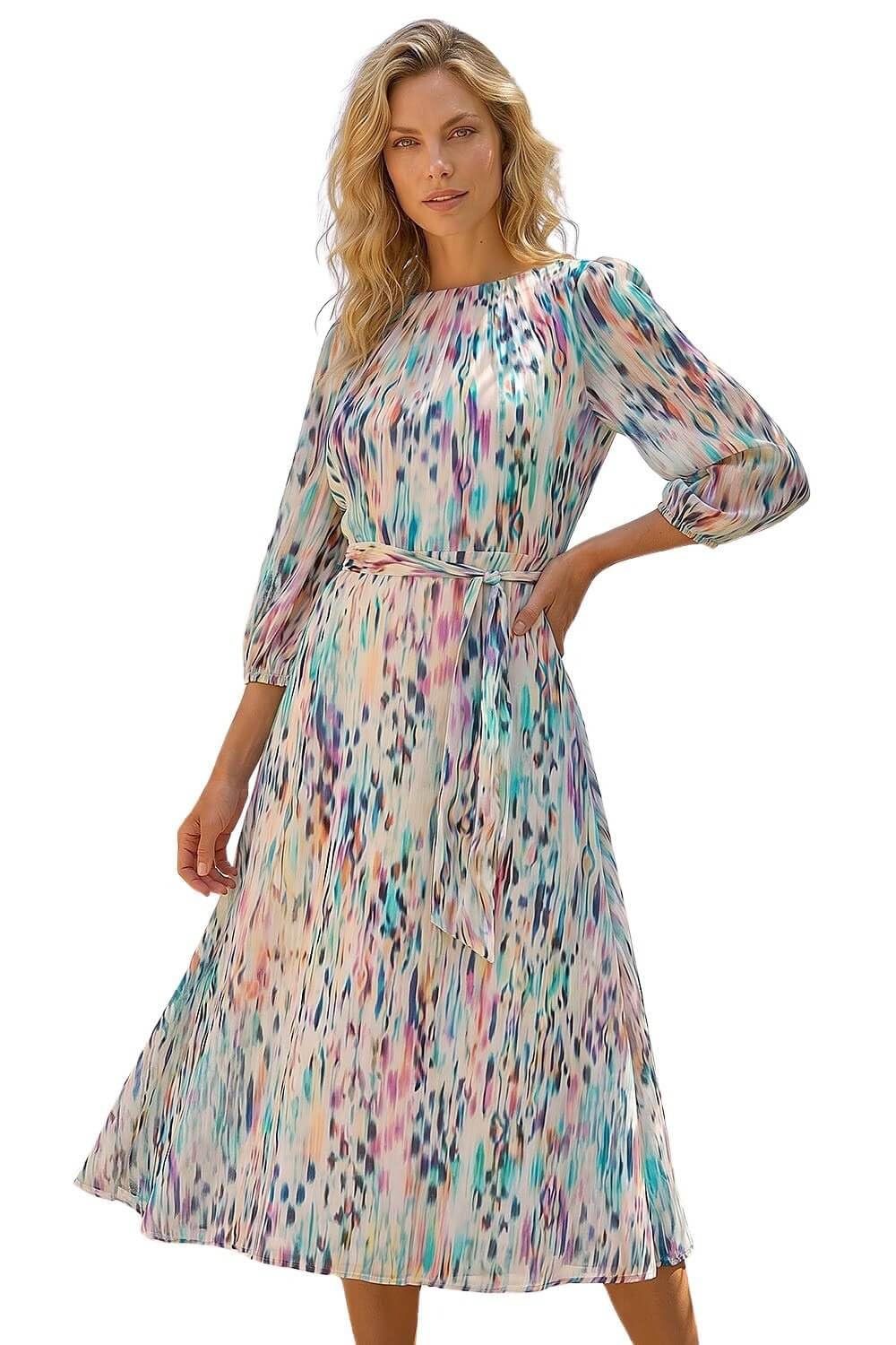 Roman Women's White Blurred Print Pleat Neck Midi Dress Size 14