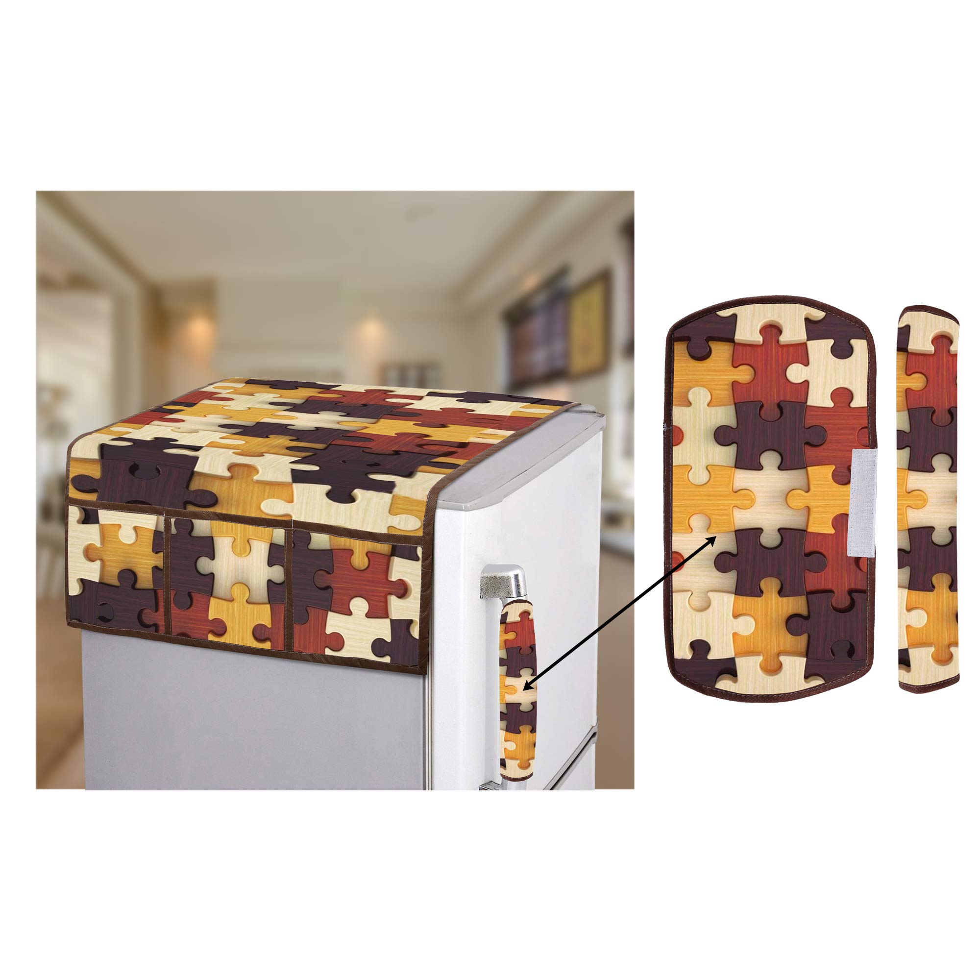 E-Retailer® Polyester 3-Layered Digital Printed Fridge Top Cover/Refrigerator Cover With 6 Utility Pockets and 2 Pcs. Handle Cover (Color-Yellow, Size-39x21 Inches)