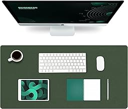 Aropana Vegan Leather Desk Mat | Large Reversible Mouse Pad & Computer Table Protector | Dual-Side Waterproof Extended Laptop Pad with Edge-Stitched Design (31.5 x 15.7 inch, Deep Green & Grey)