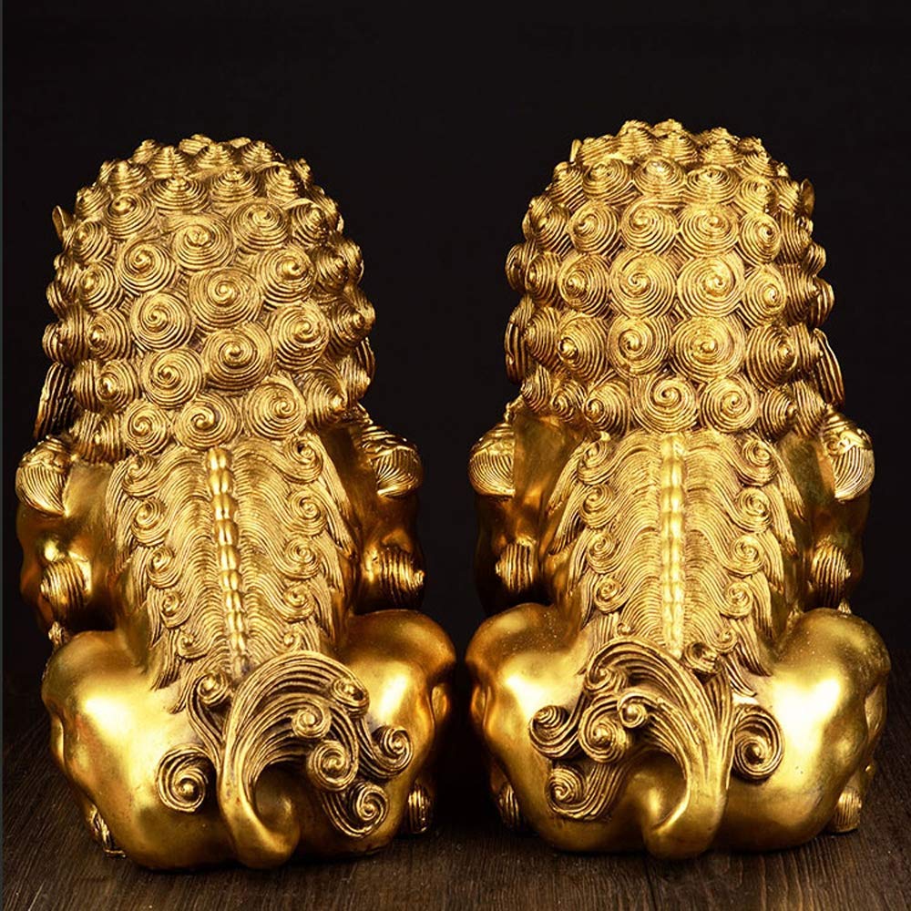 Beijing Lions Pair Fu Foo Dogs Statues (A Pair), Pure Laiton Chinois Feng Shui Decor Prosperity Accessories Figurine, Home and Office Wealth Good Luck Sculpture, Small
