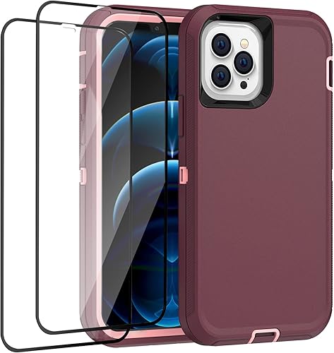 Defense - Funda para iPhone 12 y iPhone 12 Pro con dos protectores de pantalla de vidrio templado, 3 capas, resistentes, resistentes para iPhone