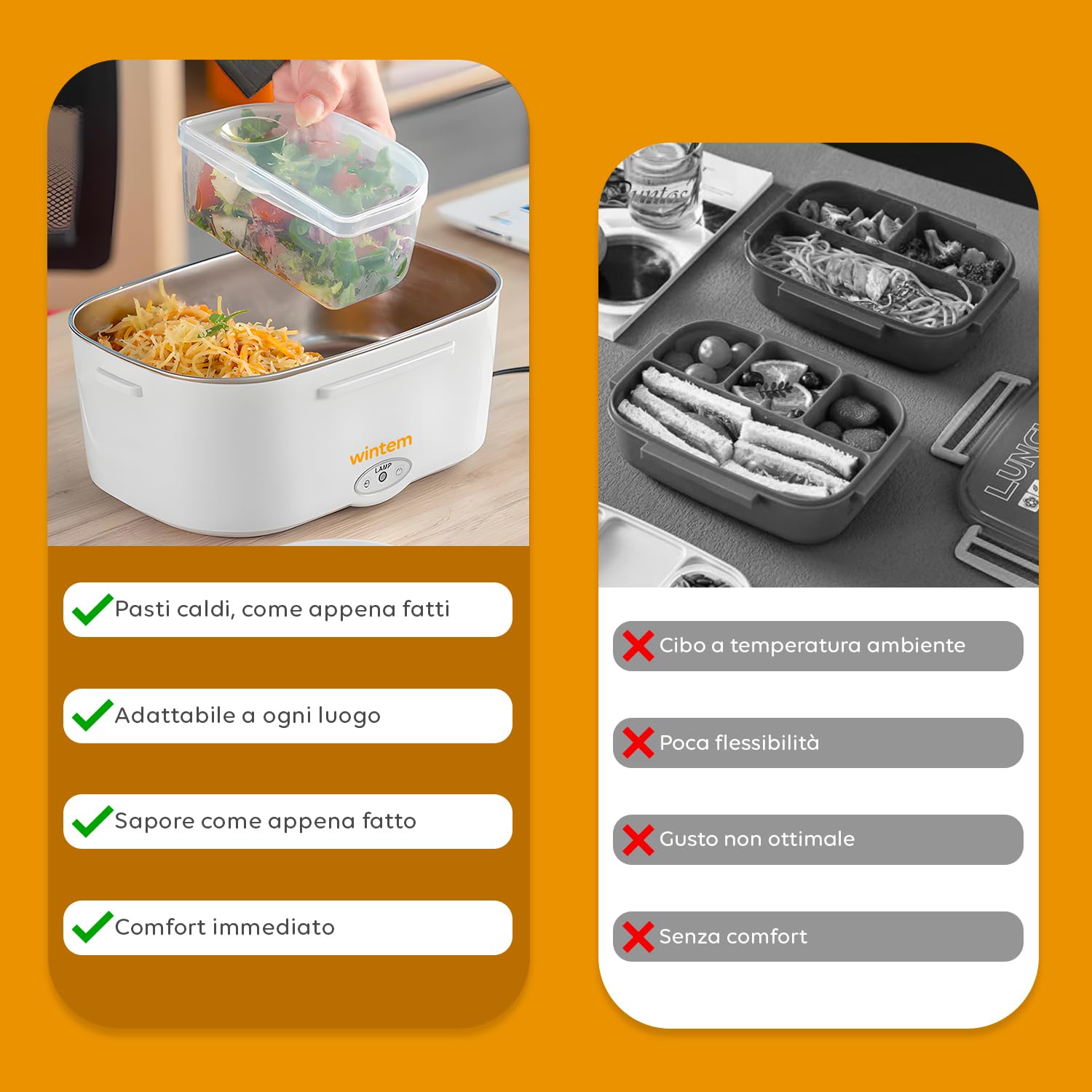 Wintem - Porta Pranzo Termico Elettrico 1,5L con Contenitori in Acciaio Inox, Riscaldamento 30 Min, Comparti Separati, Ideale per Ufficio, Viaggi e Pausa Pranzo Fuori Casa