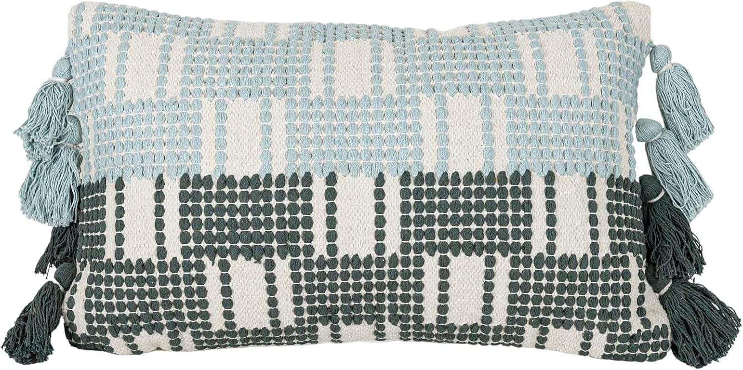 Foreside Home and Garden Hand Woven Tasseled Lumbar Pillow Turquoise Cotton with Polyester Fill by Foreside Home & Garden