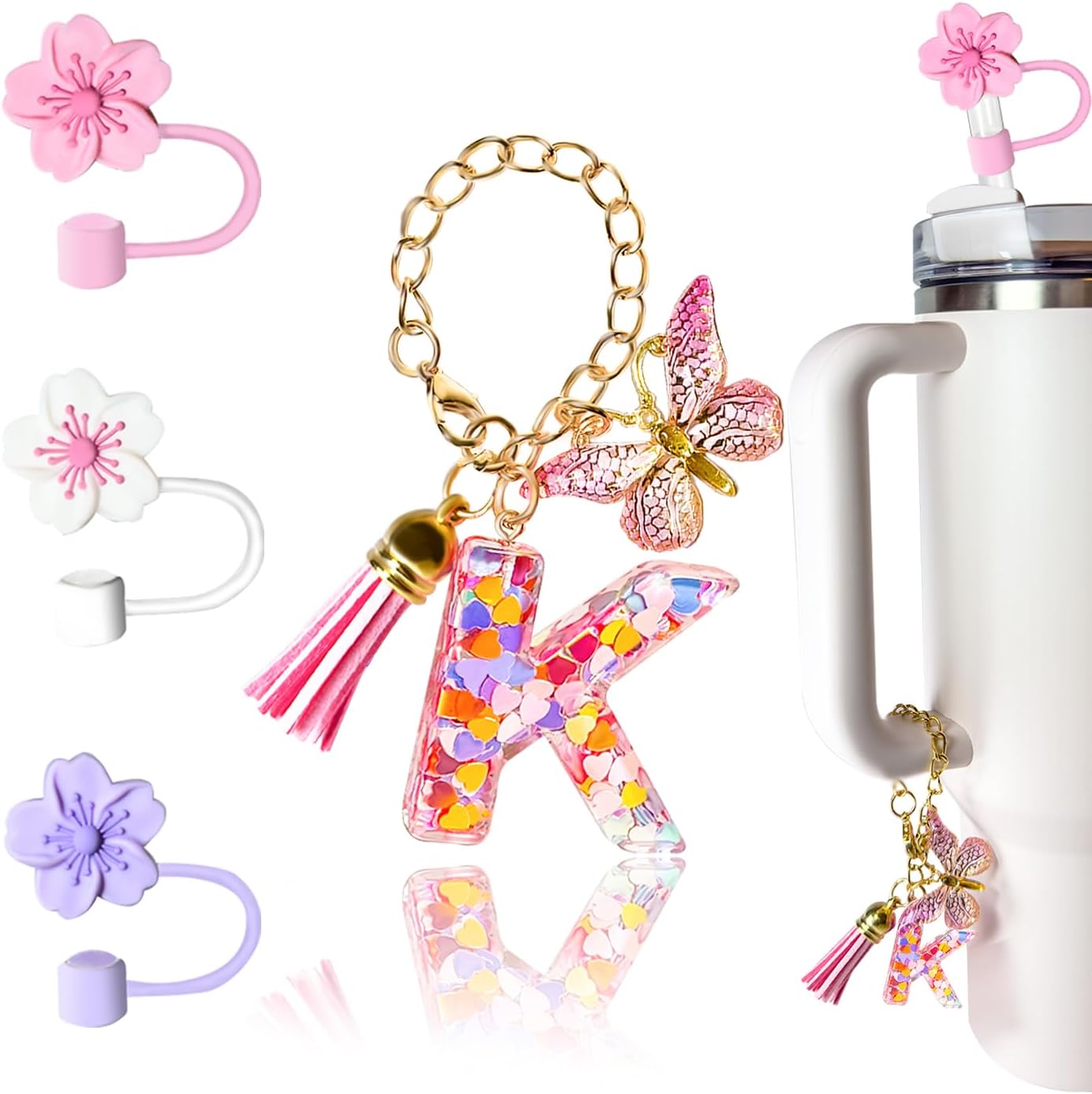 Compatible with Stanley Cup Accessories, Letter Charm and 3Pcs Silicone Straw Cover, 0.4" 10MM Straw Toppers for Stanley 30 40 oz Tumbler, Pink Initial Letter Charm with Butterfly and Tassel (K)