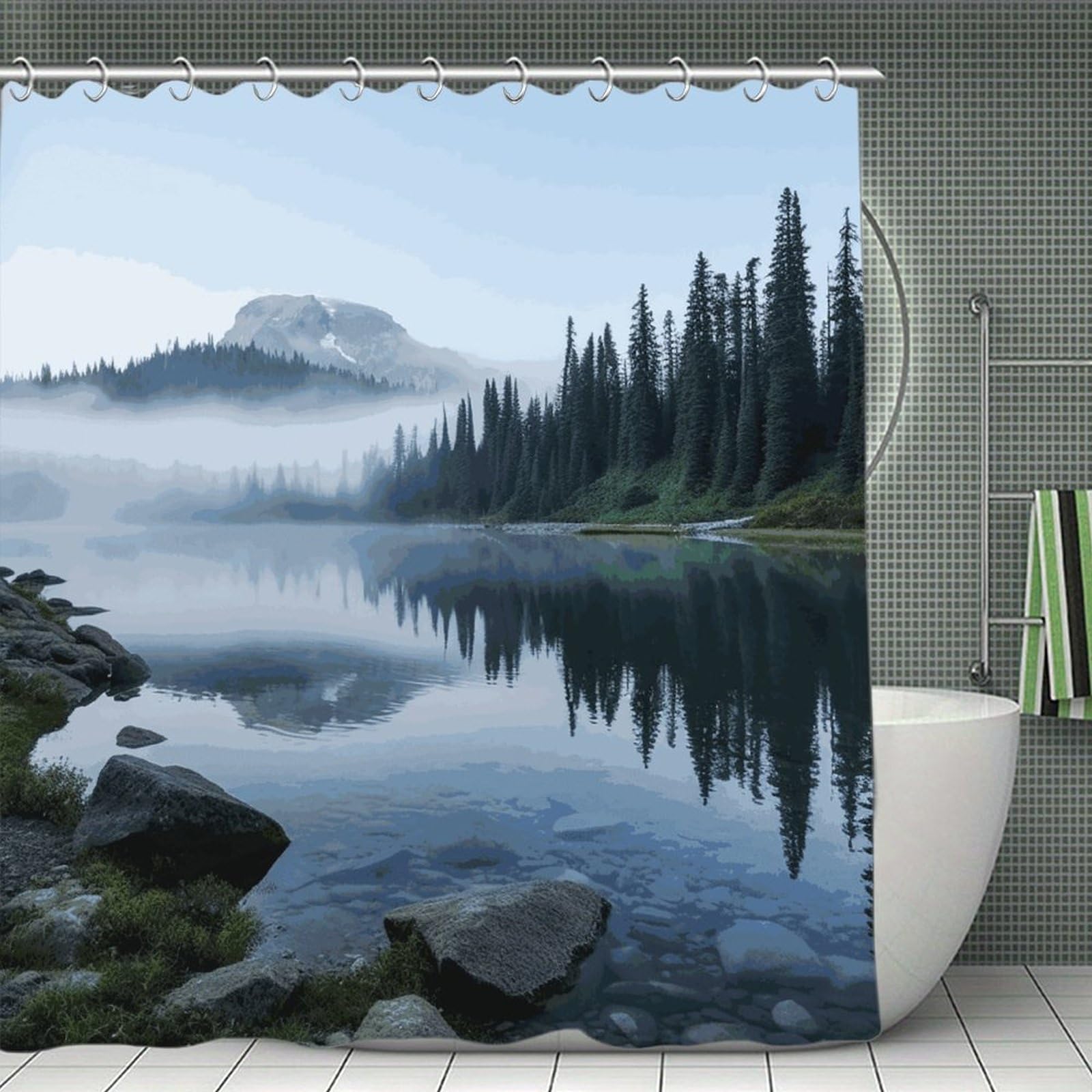 JTREHY Foggy Lake by Mount Rainier Shower Curtain Waterproof Bathroom Shower Curtain Machine Washable Bath Curtains Polyester Cloth Bath Curtains for Bathroom Showers 70.8×70.8Inch