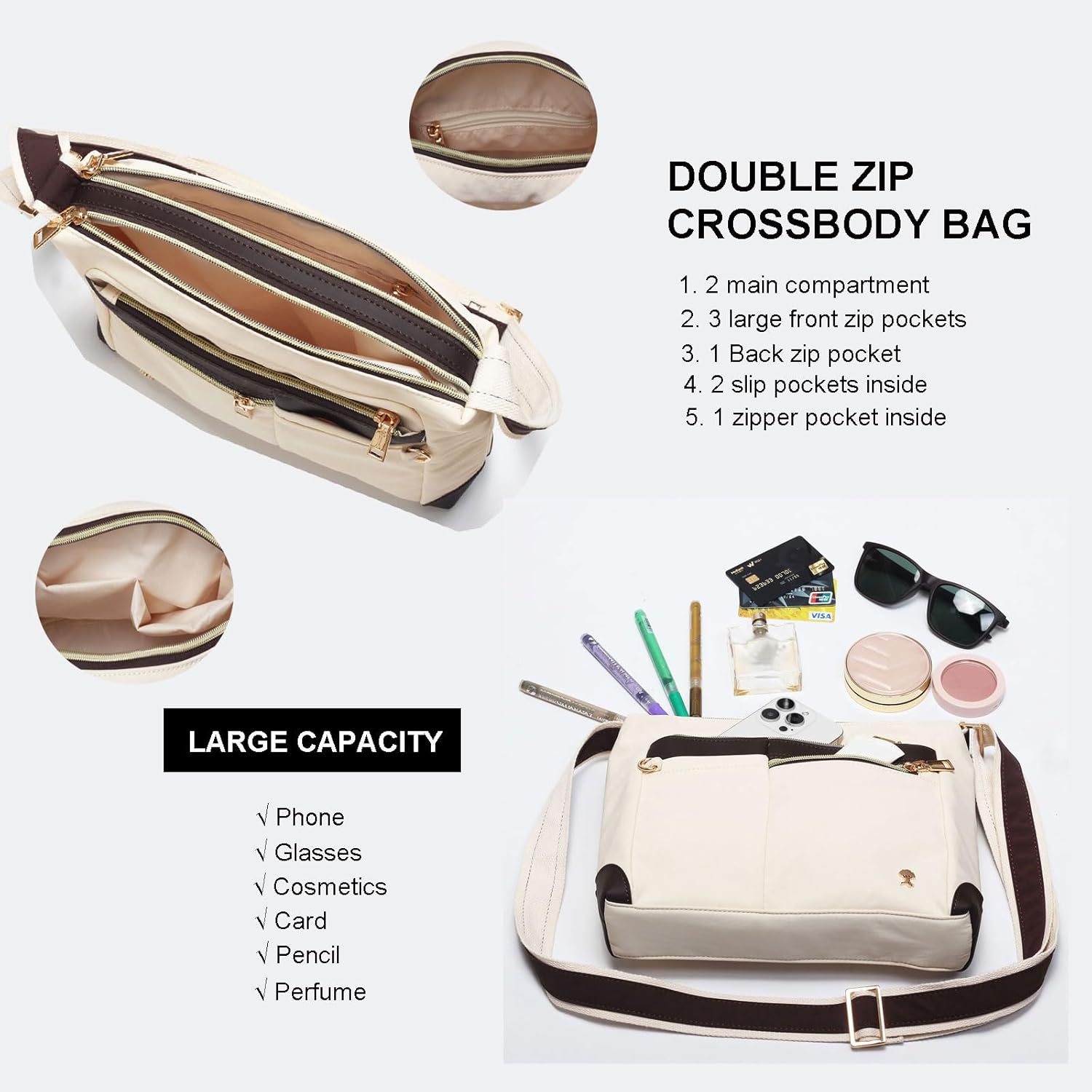 ESVAN Nylon Crossbody Bag For Women Waterproof Lightweight Casual Multi Pockets Shoulder Handbag Purse - Image 3