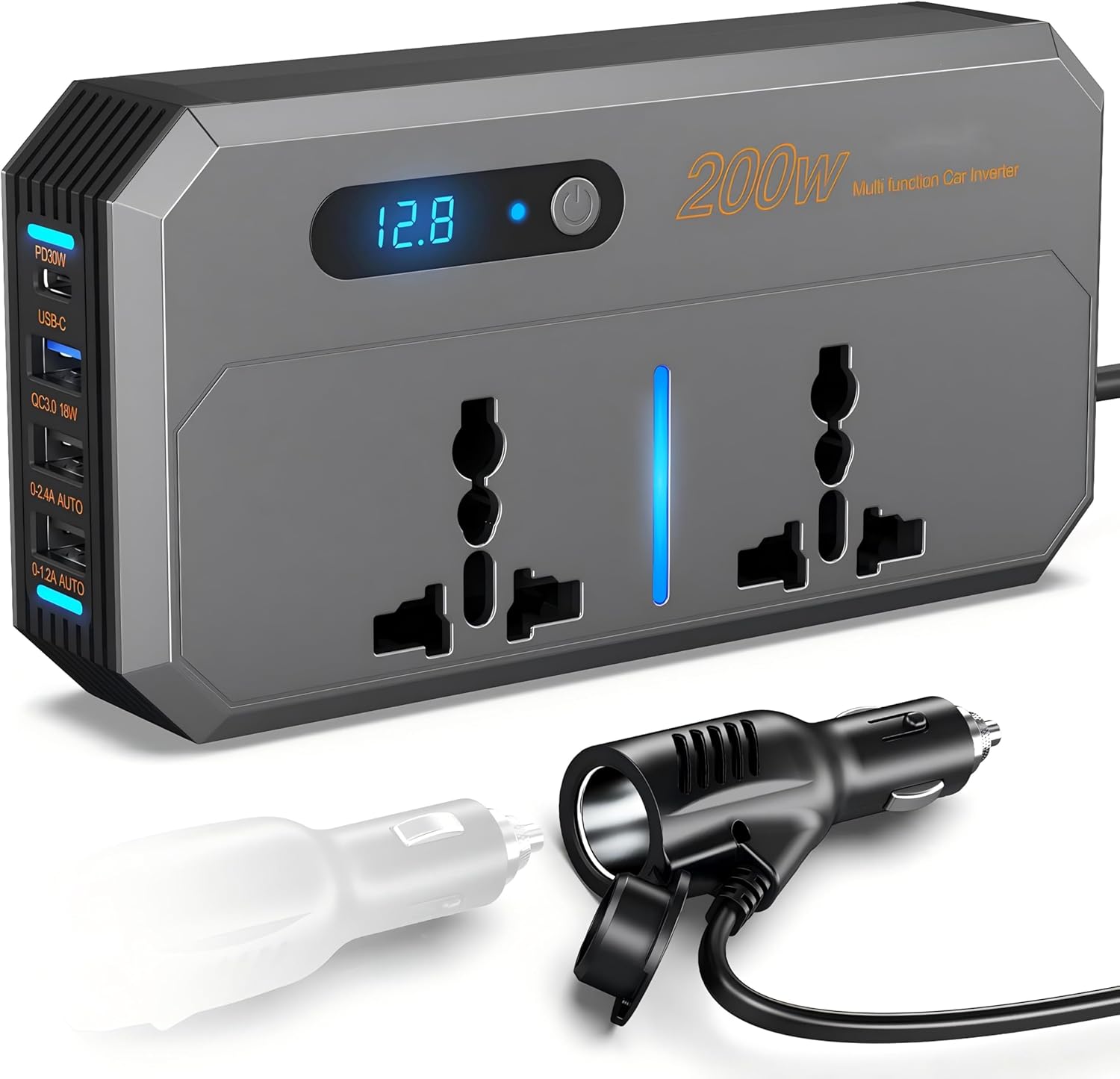Pro | 200W Car Power Inverter, DC 12V to 220V AC Car Inverter Suitable for Cars & SUVs with 2 AC Outlets, 3 USB, 1 Type C Port and LED display 2026