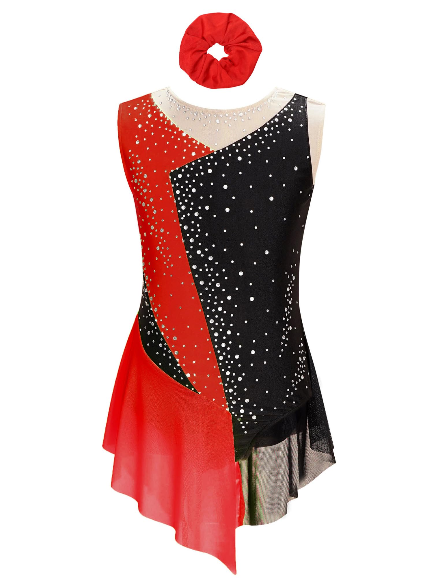 JEATHA Maillot De Danza Baile Brillantes Niñas Maillot Sin Manga con Malla Transparente Vestido De Patinaje Artístico Gimnasia Ropa De Bailarina