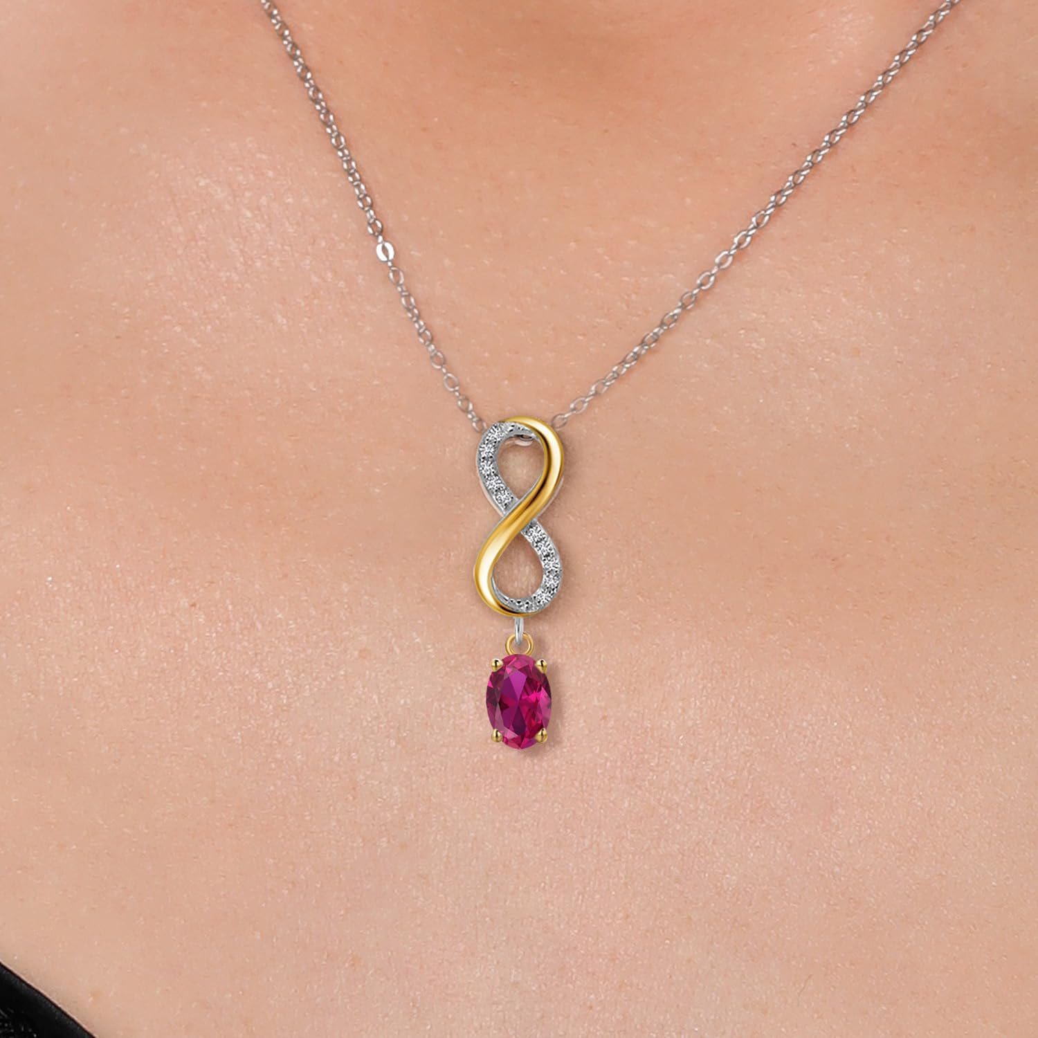 Gem Stone King 925 Silver and 10K Yellow Gold Red Created Ruby and Lab Grown Diamond Pendant Necklace for Women | 1.08 Cttw | Gemstone July Birthstone | Oval 6X4MM | With 18 Inch Chain - Image 3