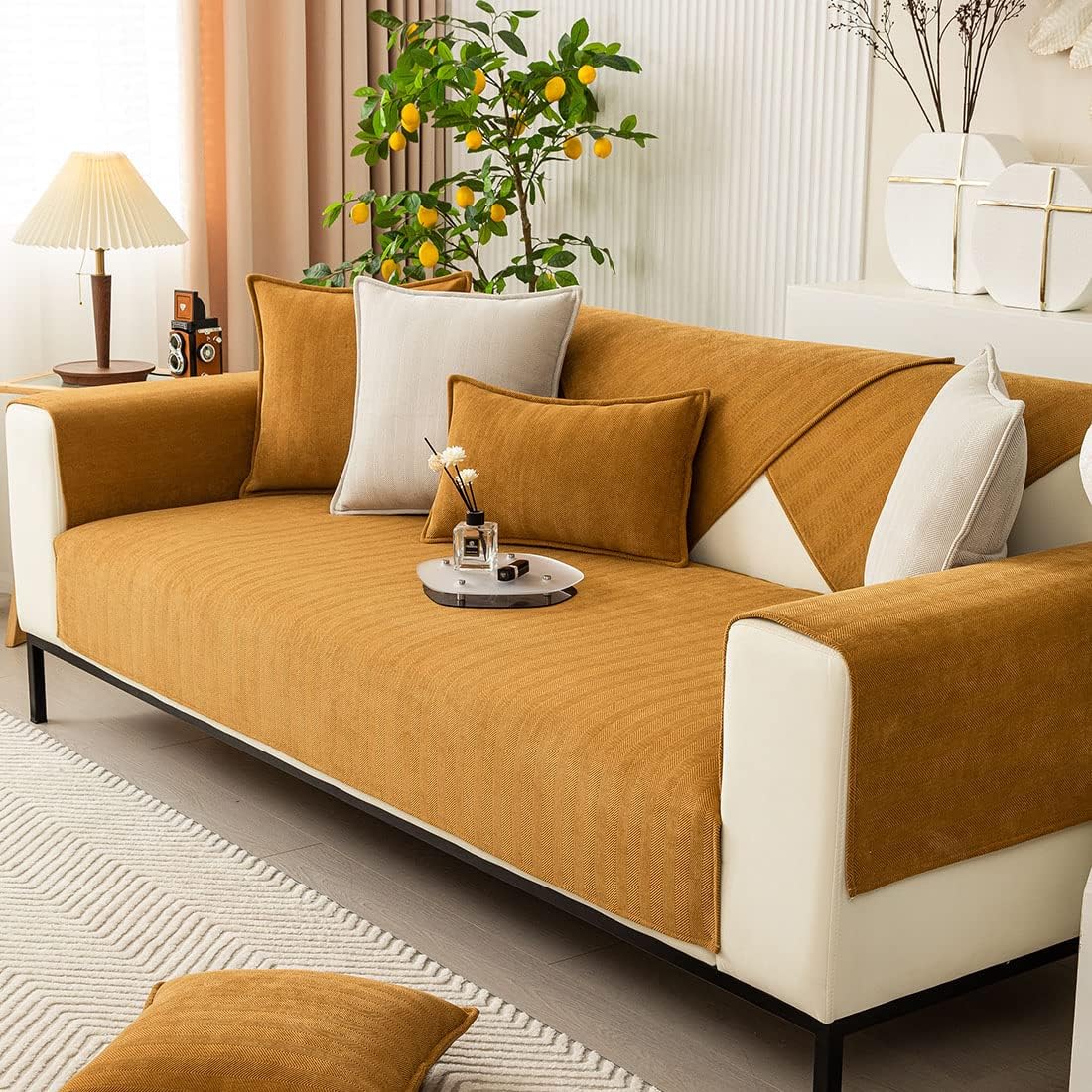 vctops Farmhouse Chevron Stripe Sofa Slipcover Furniture Protector Solid Color Sectional Couch Cover Non Slip Soft Sofa Cover for Dogs, Cats, Children, Pets (Dark Orange,43"x63")