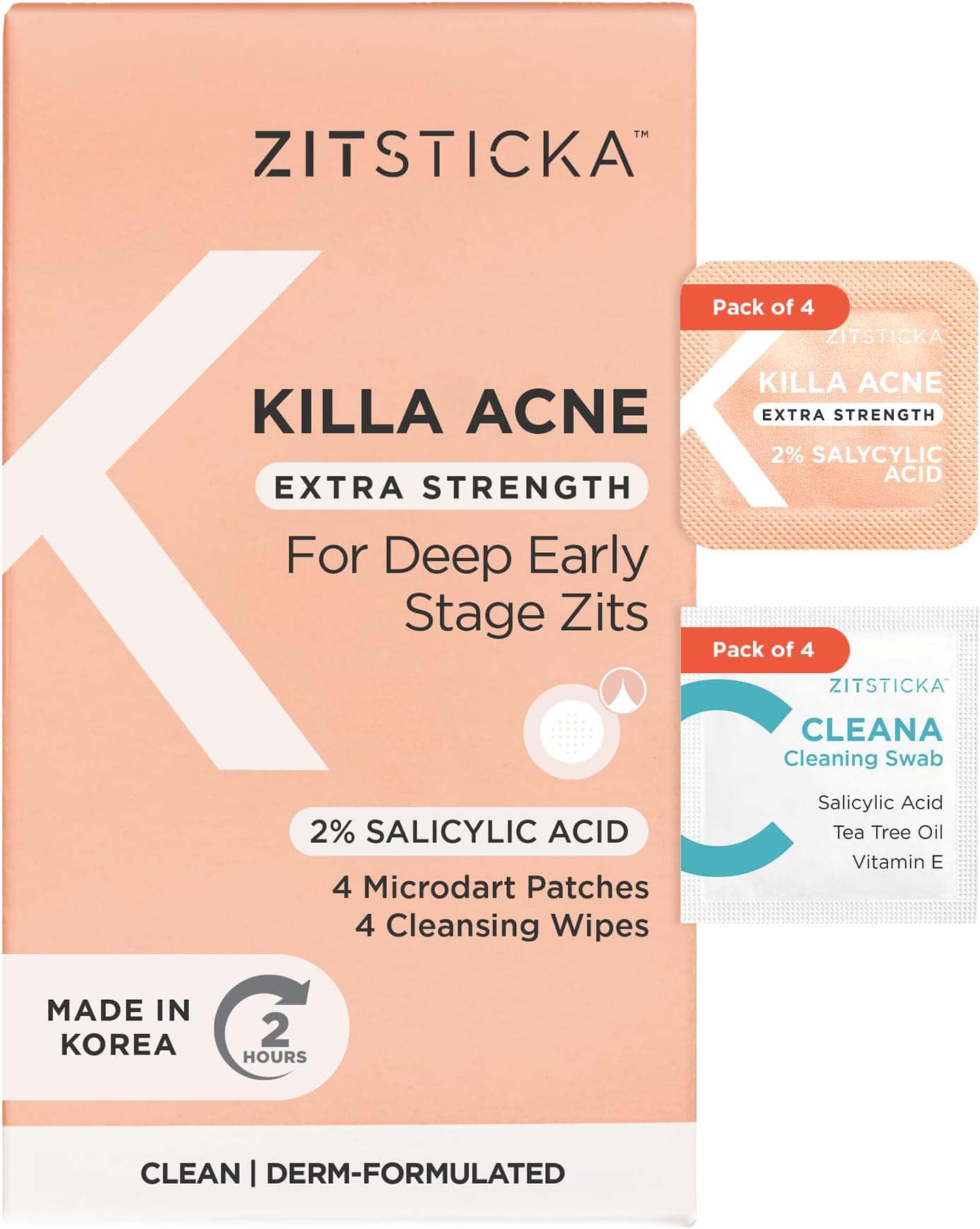 ZitSticka KILLA Extra Strength Patches for Face - Medical Grade Acne Patch - Fast Acting Advanced Microdart Patch for Early-Stage Zits - Starts Working Within 2 Hours - 4 Count