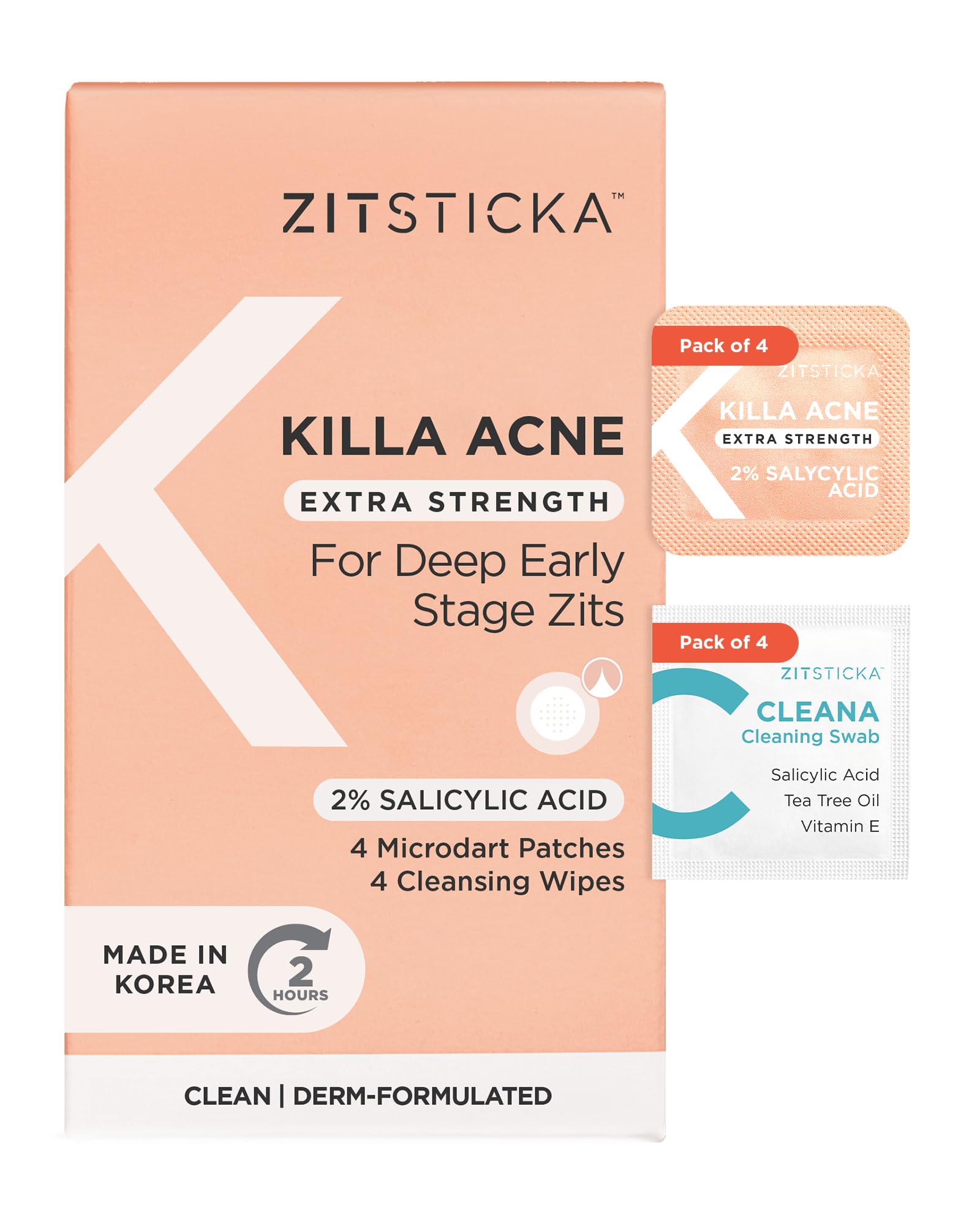 ZitSticka KILLA Extra Strength Patches for Face - Medical Grade Acne Patch - Fast Acting Advanced Microdart Patch for Early-Stage Zits - Starts Working Within 2 Hours - 4 Count