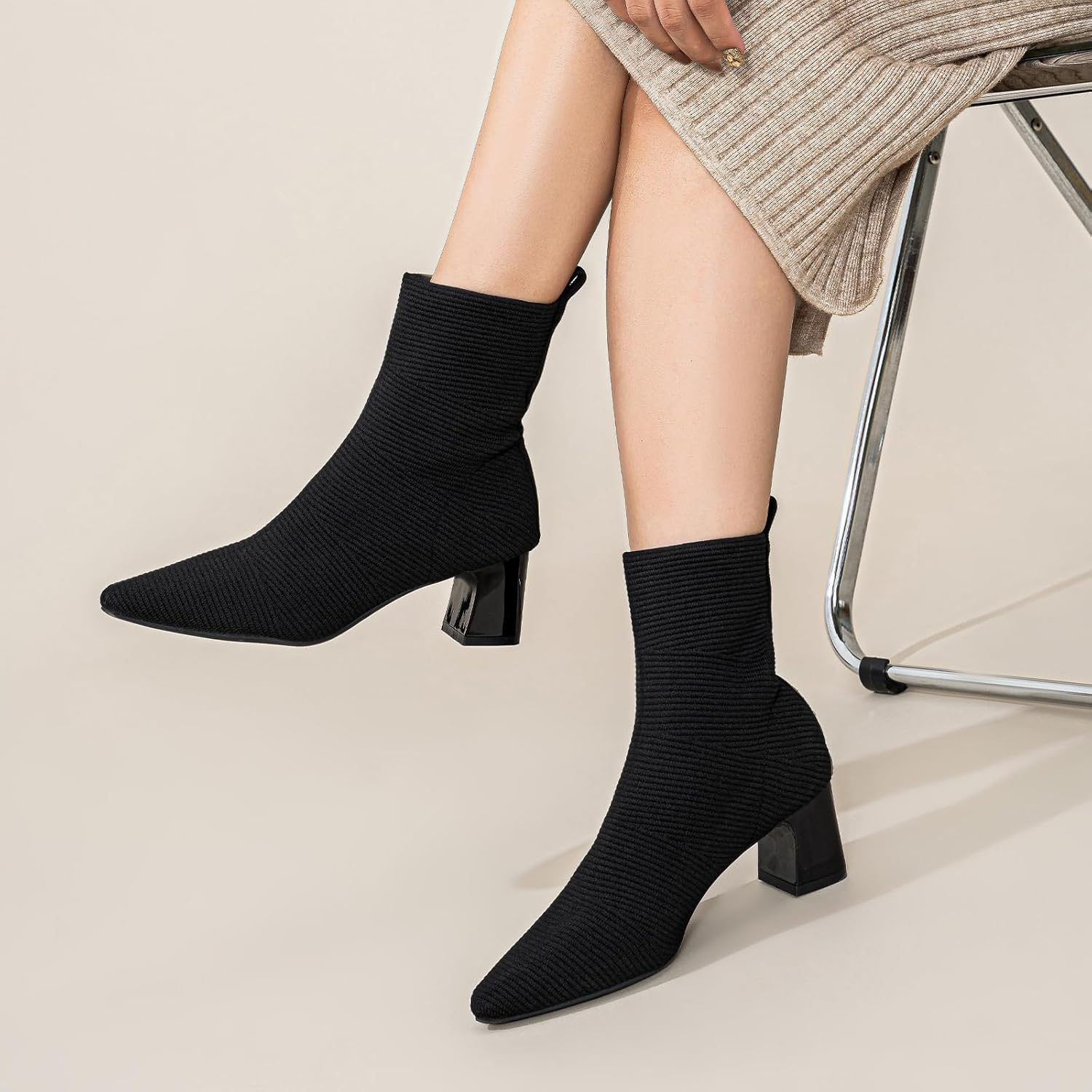Women's Ankle Boots Comfortable Pointed Toe Breathable Sock Knit Low Heel Fall Work Office Booties - Image 7