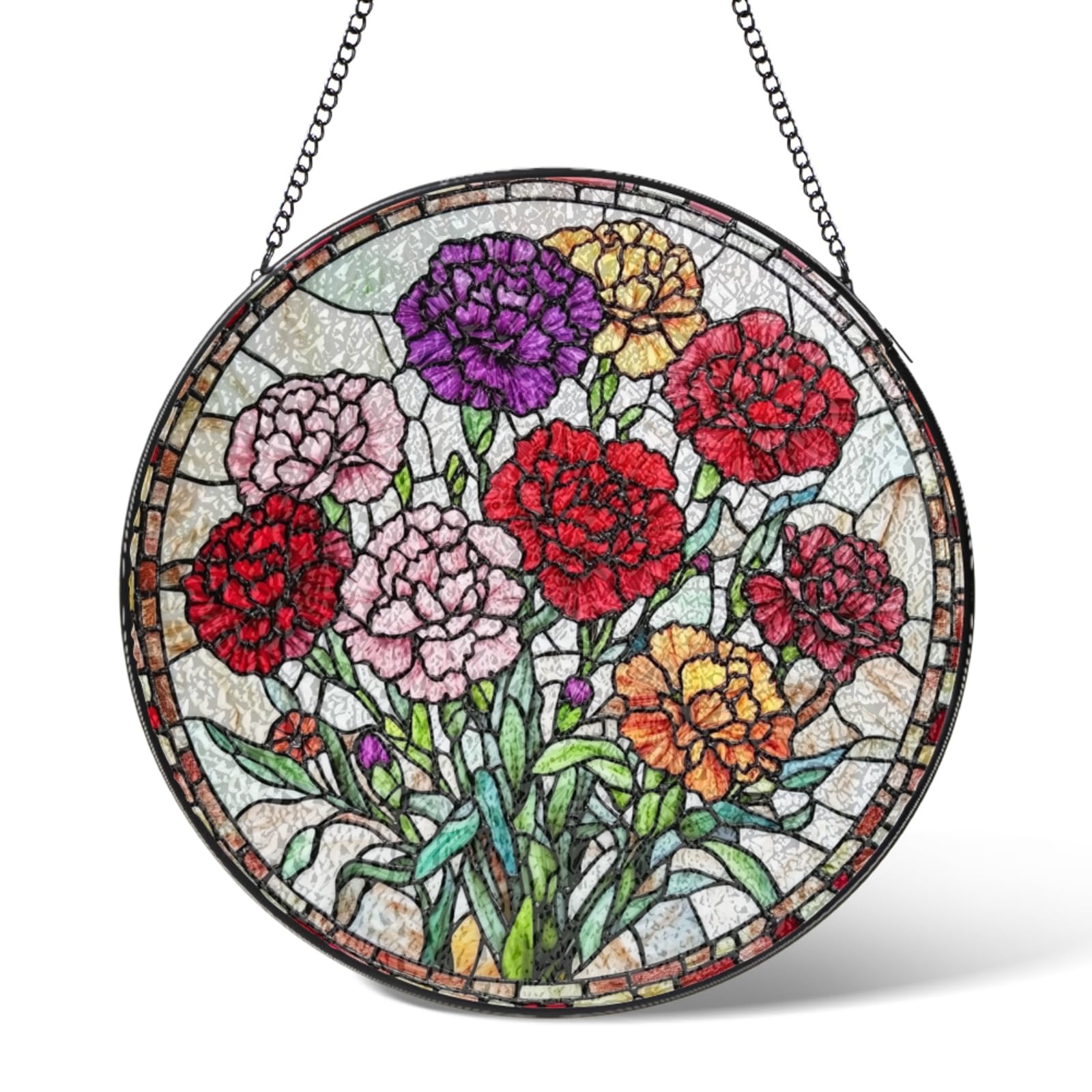 January Birth Flower Suncatchers Stained Glass Window Hanging Wall Art,Carnations Suncatcher Garden Decor Birthday Gifts,Flowers Sun Catchers Home Decorations for Bedroom Kitchen Patio 5.9 IN