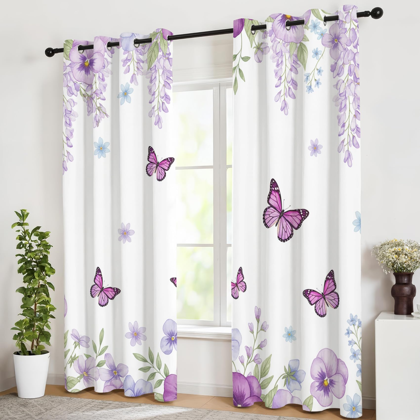 Rideau Occultant Thermiques Papillon et Fleurs Violette - Lot de 2 Rideaux Imprimé pour Salon Chambre Fenetre Cuisine, Rideaux et Draperies Intérieurs à Oeillets, 140x220 cm (LxH)