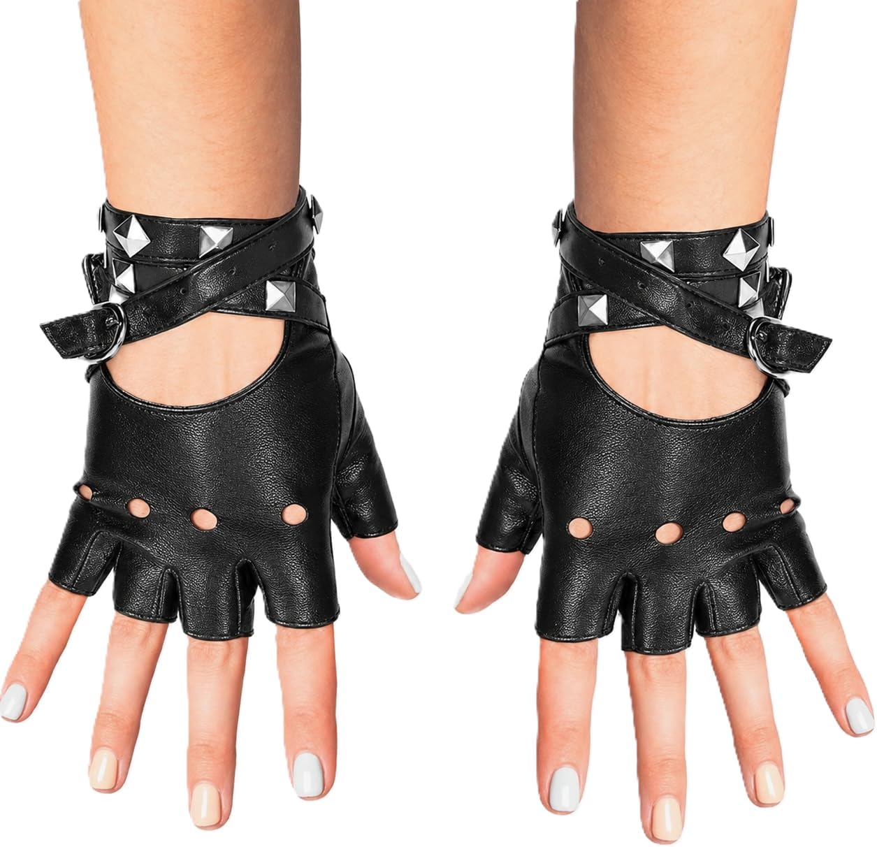 Fingerless Faux Leather Biker Gloves - Black Punk Glove Belt Up Closure