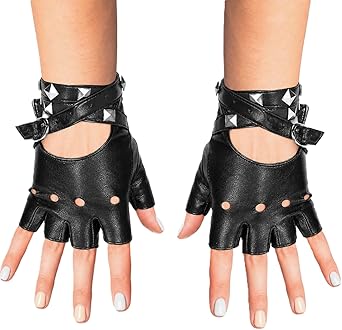 Skeleteen Fingerless Faux Leather Gloves - Black Biker Punk Gloves with Belt Up Closure and Rivet Design for Teens and Kids