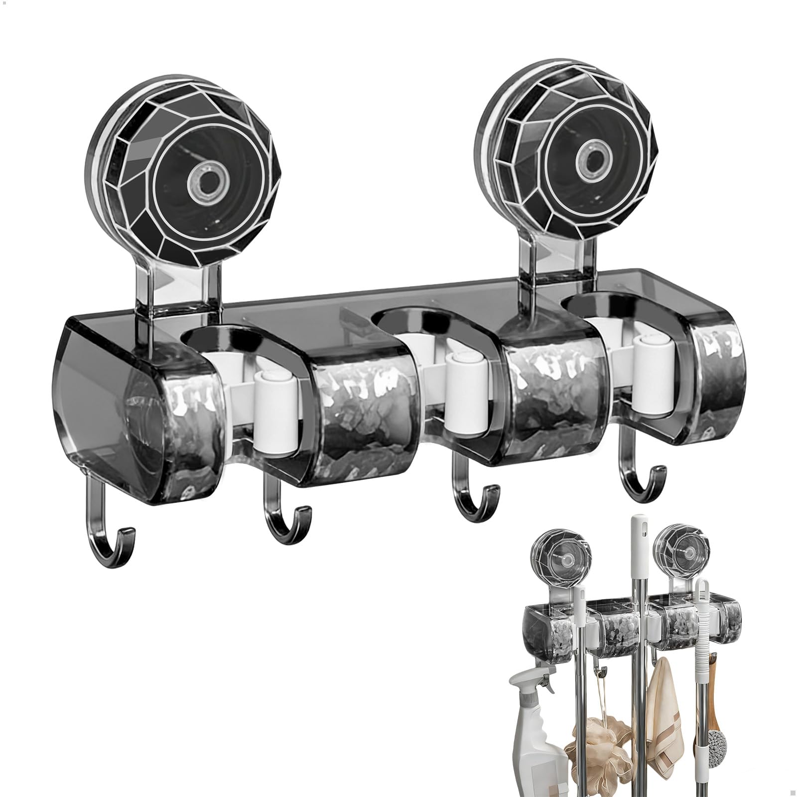 Besenhalterung Wand, Besenstiel Halterung mit 4 Haken, Saugnapf Mop Halter, Wandhalterung Besen Ohne Bohren für Hotel Küche Badezimmer Garage Garten, ABS, Schwarz