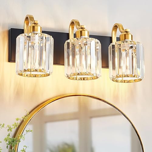 Luces modernas de cristal para tocador de baño, 3 luces negras y doradas, lámparas de baño sobre el espejo, iluminación de pared de cristal para