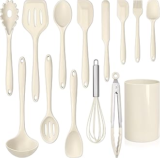 LIANYU14 Pcs Kitchen Utensils Set with Holder, Silicone Cooking Utensils Spatula Set, Heat Resistant Cookware Tools Includes Spoon Turner Whisk Tong, Dishwasher safe, Cream White
