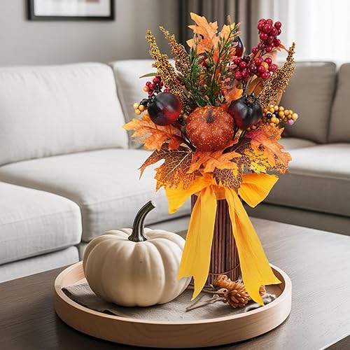 Miniatura 8 de Centros de mesa de otoño para mesas, flores falsas de otoño en jarrón, decoraciones de cosecha, arreglo floral de seda, decoración de calabaza