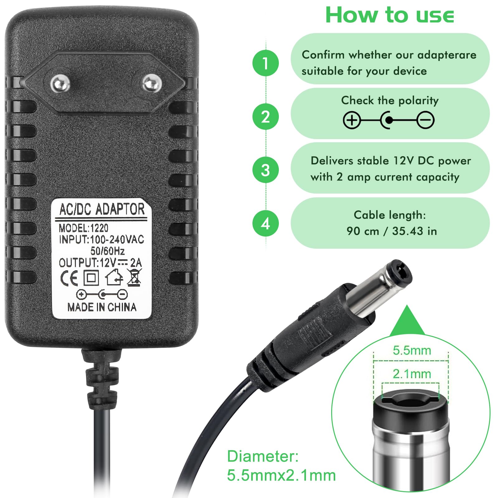 Akcesoria 12 V DC zasilacz sieciowy 12 V do gitary pedałowej, 12 V 2000 mA kabel do ładowania do fortepianu, keyboardu, efektów gitarowych, przejściówek, elektrody ujemnej