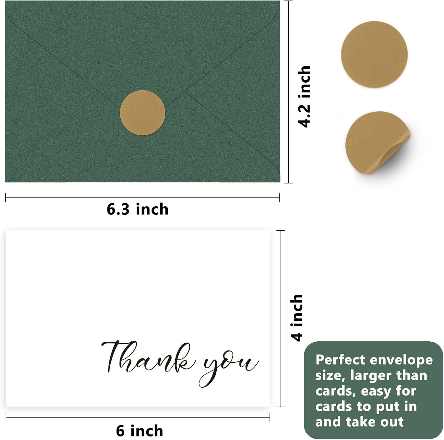 AZAZA Thank You Cards Bulk 100 with Green Envelopes Chic Liners Assembled,4 Minimalistic Designs Thank You Notes 4x6 Inch, Green Thank You Cards for Wedding, Baby Shower, Green Party