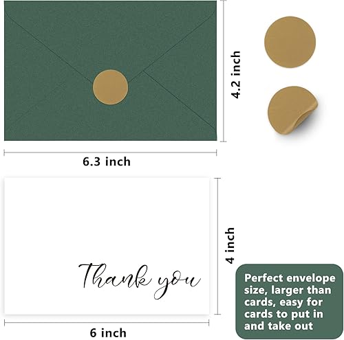 Miniatura 5 de AZAZA Tarjetas de agradecimiento a granel 100 con sobres verdes, forros elegantes montados, 4 diseños minimalistas, notas de agradecimiento de 4 x 6