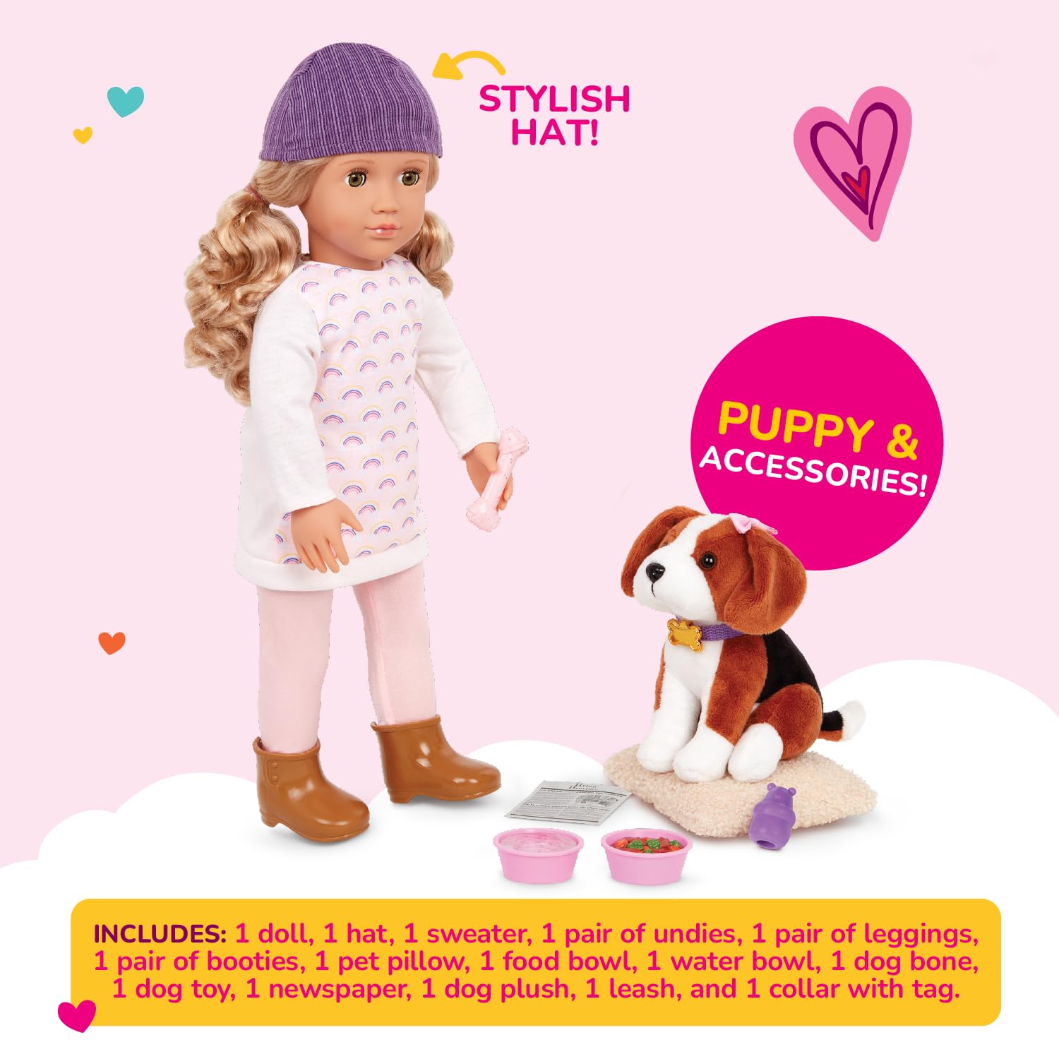 Our Generation - Ember & Elsie, lalka 46 cm i szczeniak Beagle | 46 cm lalka z pluszowym szczeniakiem Beagle 15 cm, strój i akcesoria do karmienia i spacerów, od 3 lat