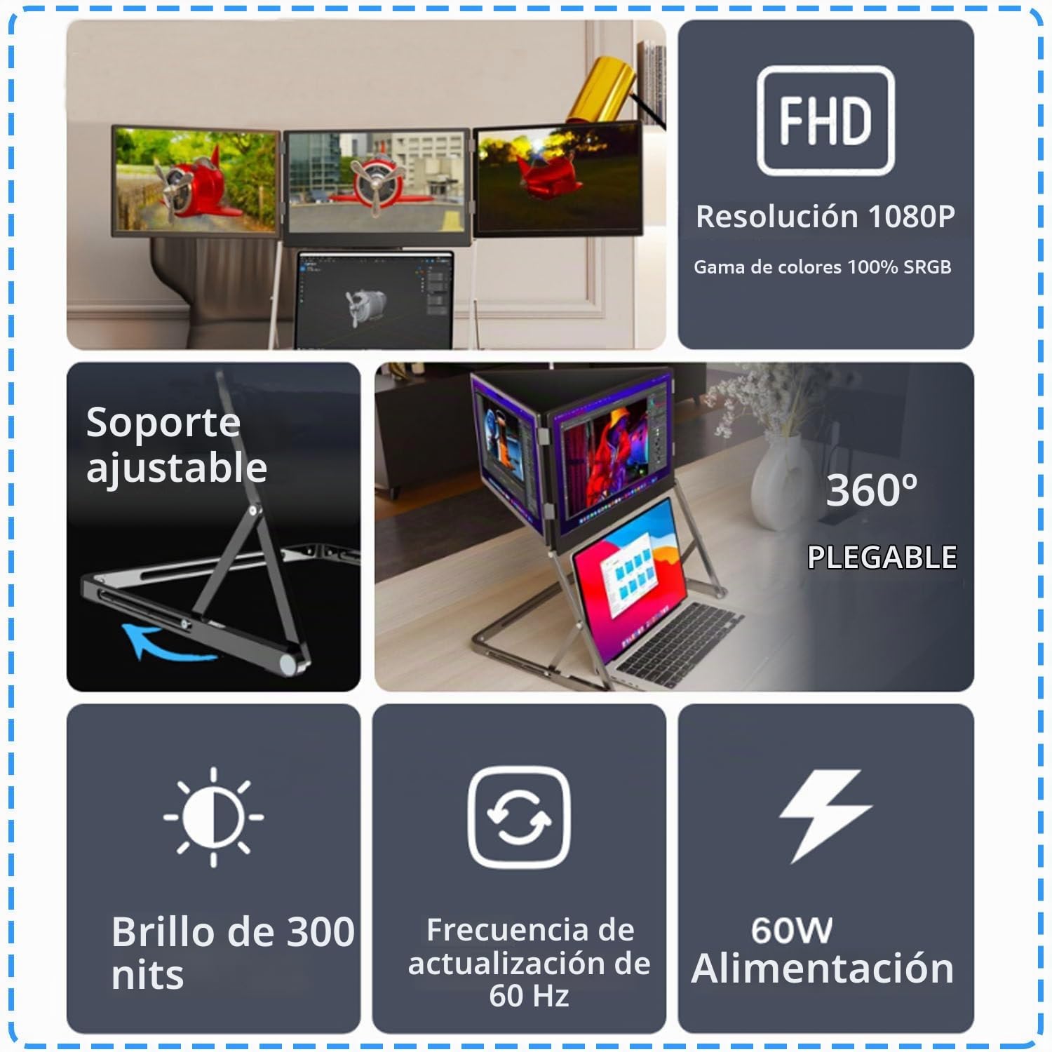 Monitor Pro MAX de 15.6" con Pantalla IPS Full HD de 1080p, Triple Monitor portátil para portátil, rotación de 360°, ángulos de visión Ajustables, USB C-C1, USB C-C2 y HDMI-Mini-HDM.