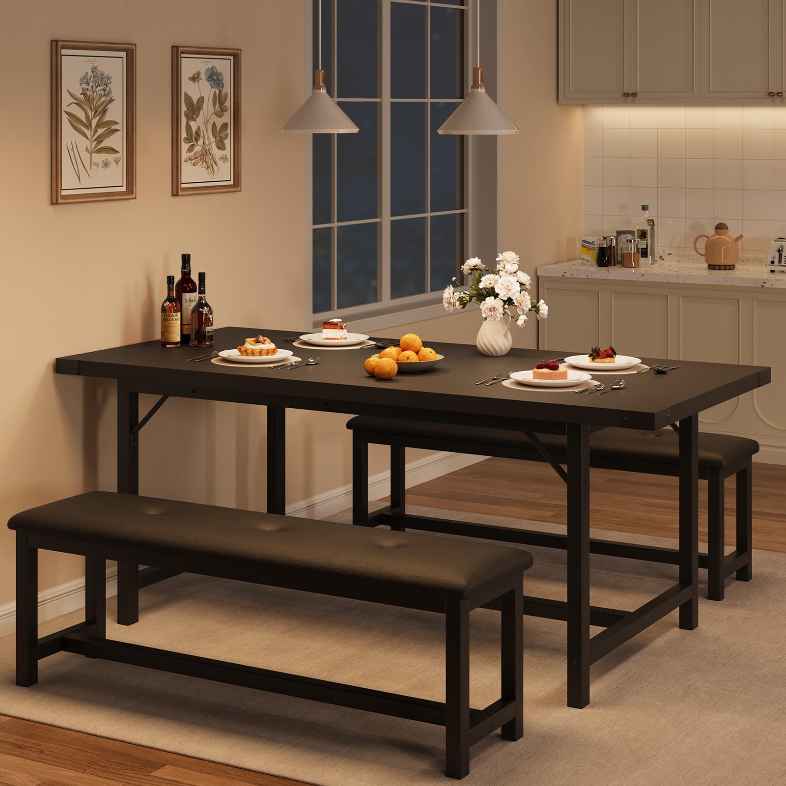 IDEALHOUSE 3 Piece Dining Table Set for 4-6, 63" Extendable Thick Metal Frame Kitchen Table with 2 Upholstered Benches Set for 6, Rectangle Wooden