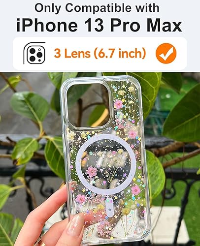 Miniatura 2 de Funda con diseño de flores reales para iPhone 13 Pro Max (compatible con MagSafe), funda magnética transparente con purpurina rosa brillante