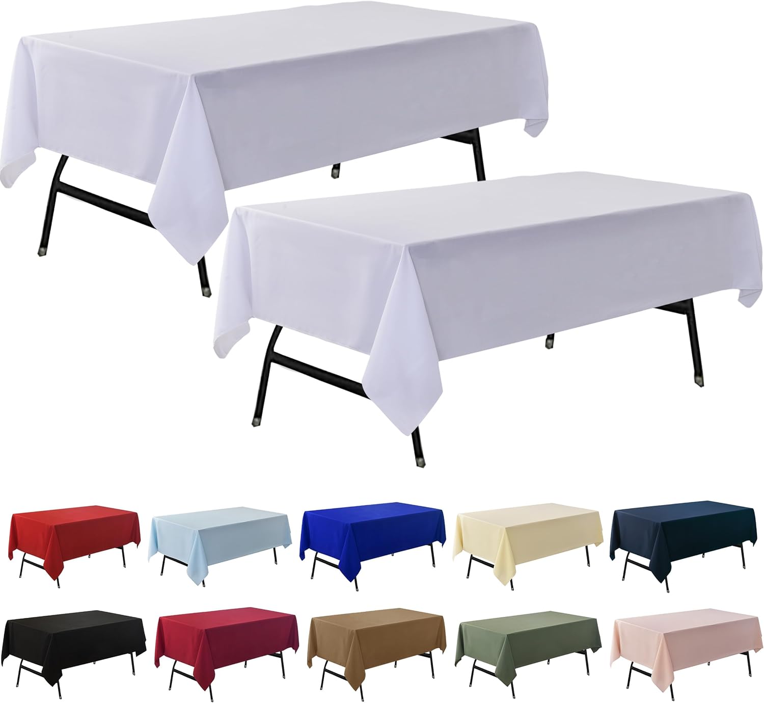 2-Pack 60x102 inch White Table Cloths, Solid Stain and Wrinkle Resistant Oblong Tablecloth, Premium Plain Weave Polyester Fabric Rectangle Table Linen Covers for Hotel, Wedding