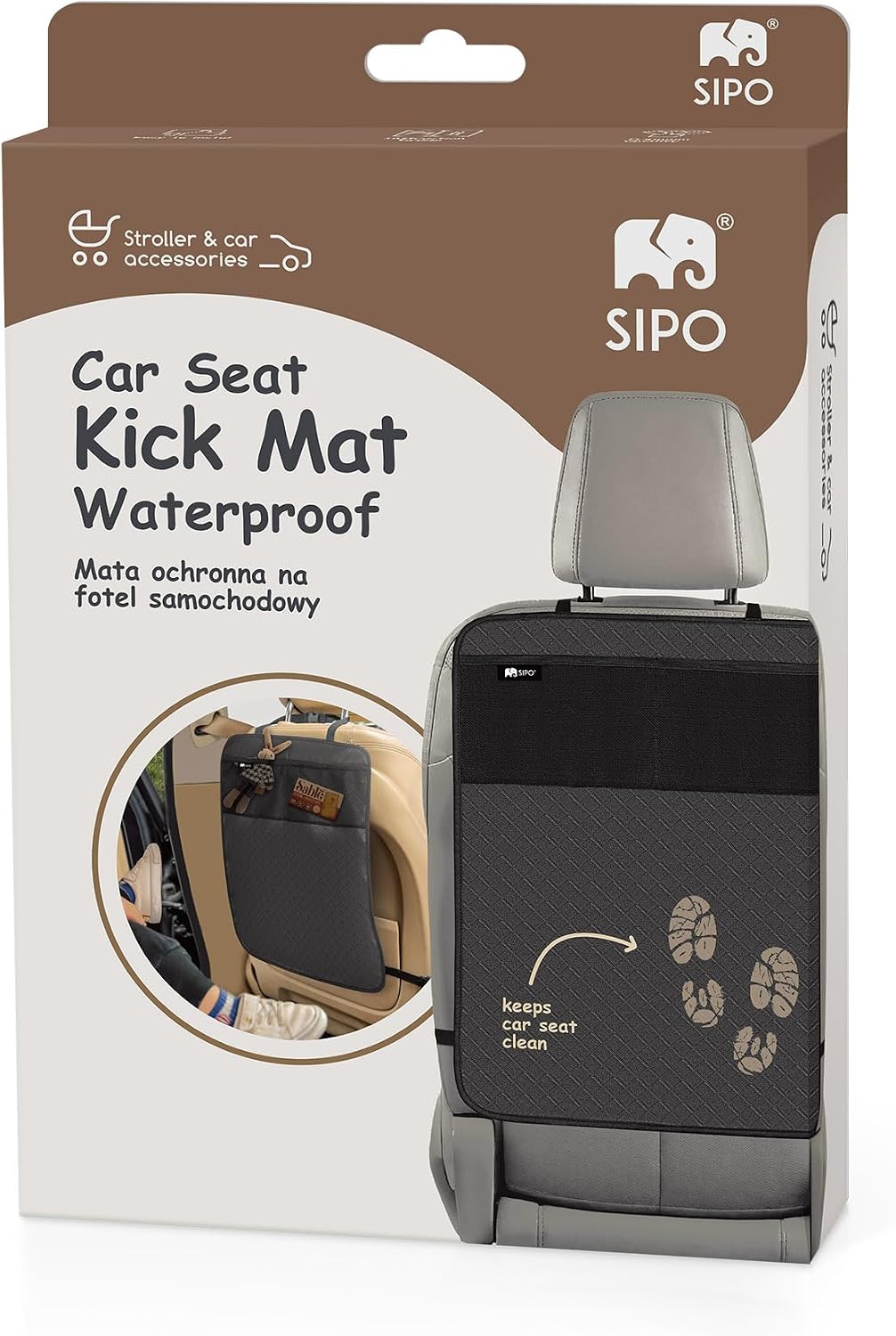 SIPO Car Back Seat Protector for Children - Organiser with 2 Mesh Pockets, Kick Mat, Waterproof, Faux Leather Seat Protector, Anti-Dirt & Scratch Protection - Black