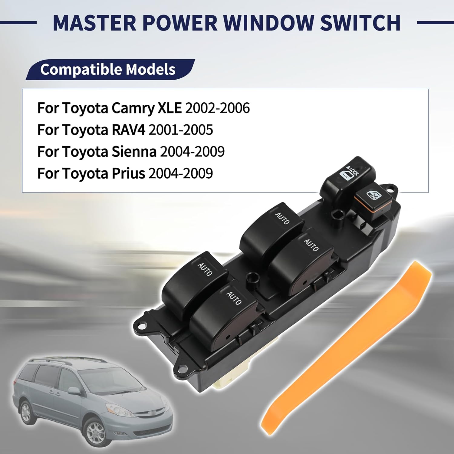 84820-12480, Left Driver Side Master Power Window Switch Compatible with Toyota RAV4 Camry Sienna Prius 2001-2009 Blue LED Light w/4 Auto-Up/Down & Backlit Buttons (18 Pins)