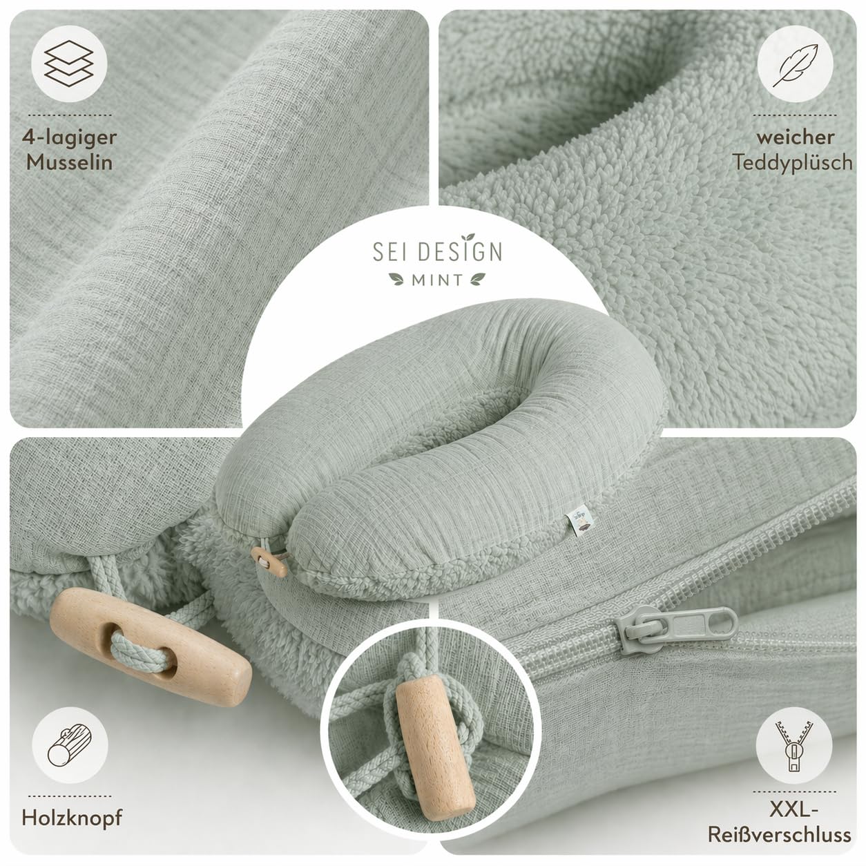 Sei Design Cojín de Lactancia XXL ergonómico, 190 x 30 cm, cojín de Embarazo, cojín cómodo para Adultos | Nestchen recién Nacidos, cojín con Funda 100% algodón