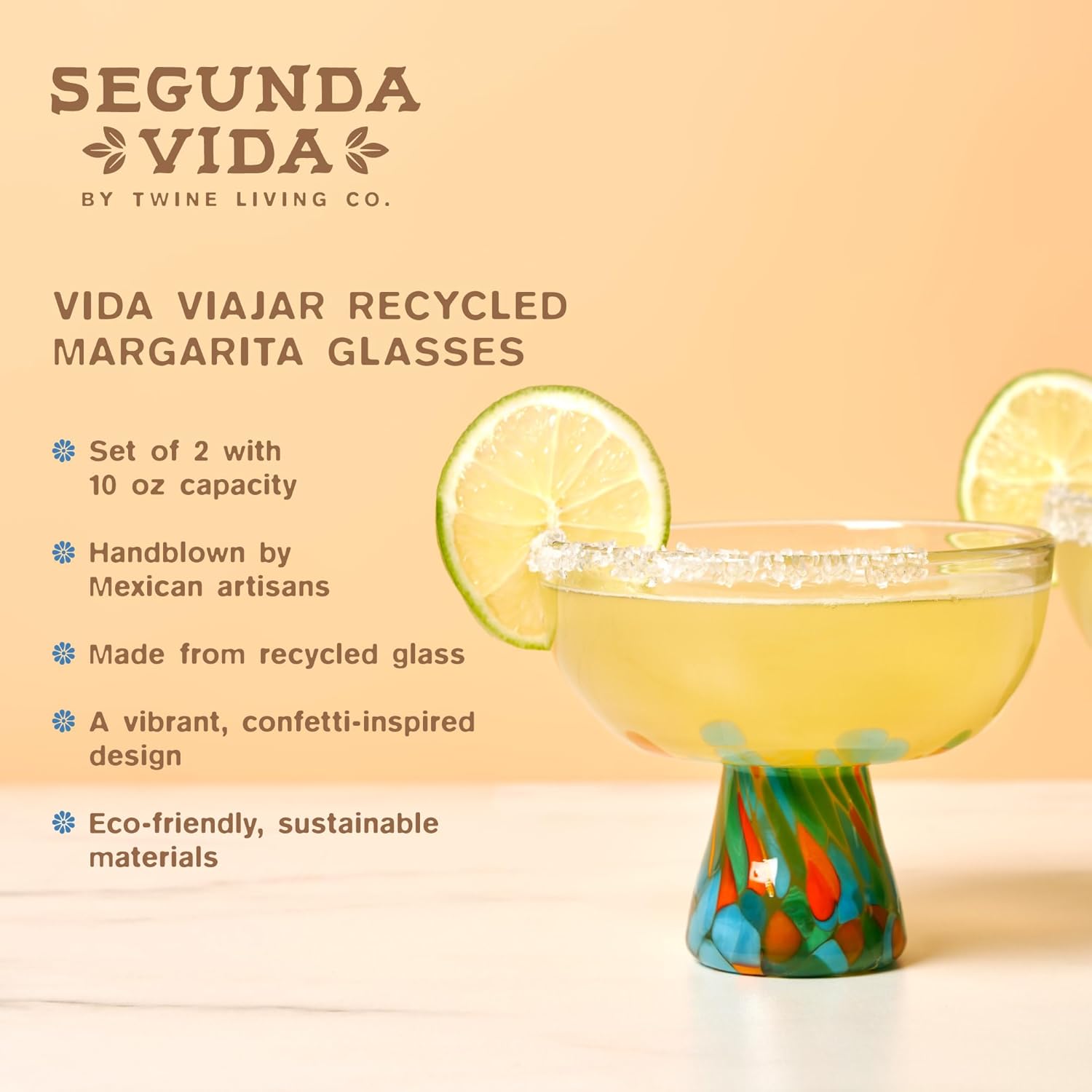 Twine Segunda Vida Viajar Hand-Blown Margarita Glasses, Recycled Cocktail Glass, Artisan Made with Vibrant Confetti Design, Wide Stem Mexican Glassware, Elegant Drinkware, 10 oz, Set of 2