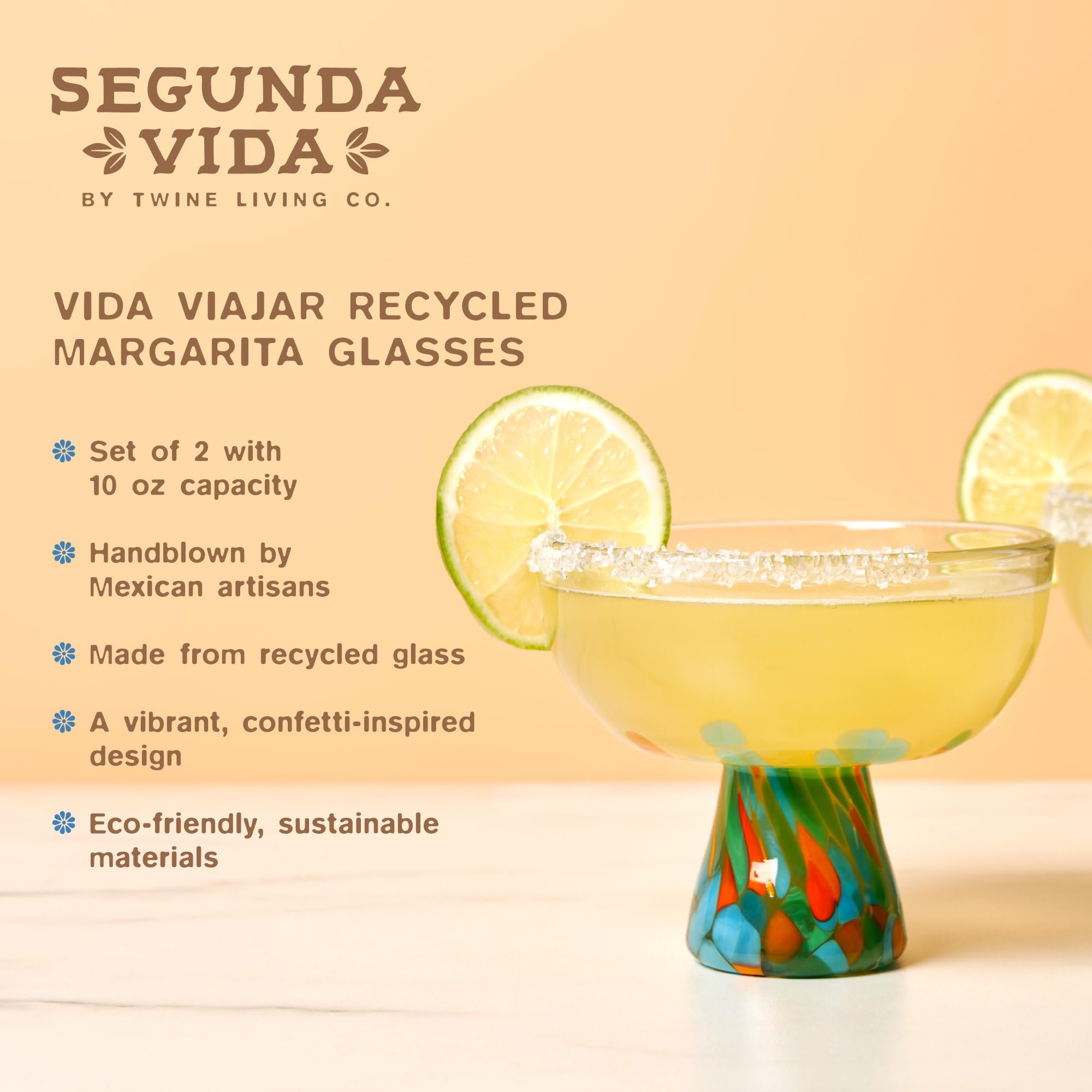 Twine Segunda Vida Viajar Hand-Blown Margarita Glasses, Recycled Cocktail Glass, Artisan Made with Vibrant Confetti Design, Wide Stem Mexican Glassware, Elegant Drinkware, 10 oz, Set of 2