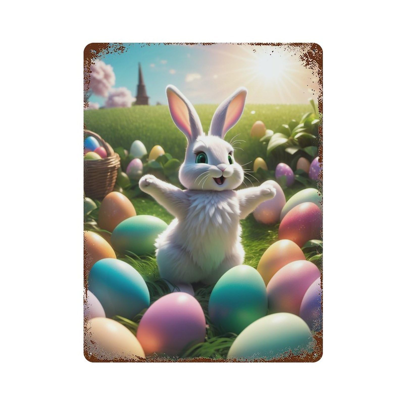 Easter Bunny Egg Hunt Scene Rustic Tin Plaque 15.7"x11.8", for Shed, Workshop And Garage Wall Decor, Farmhouse Wall Decor