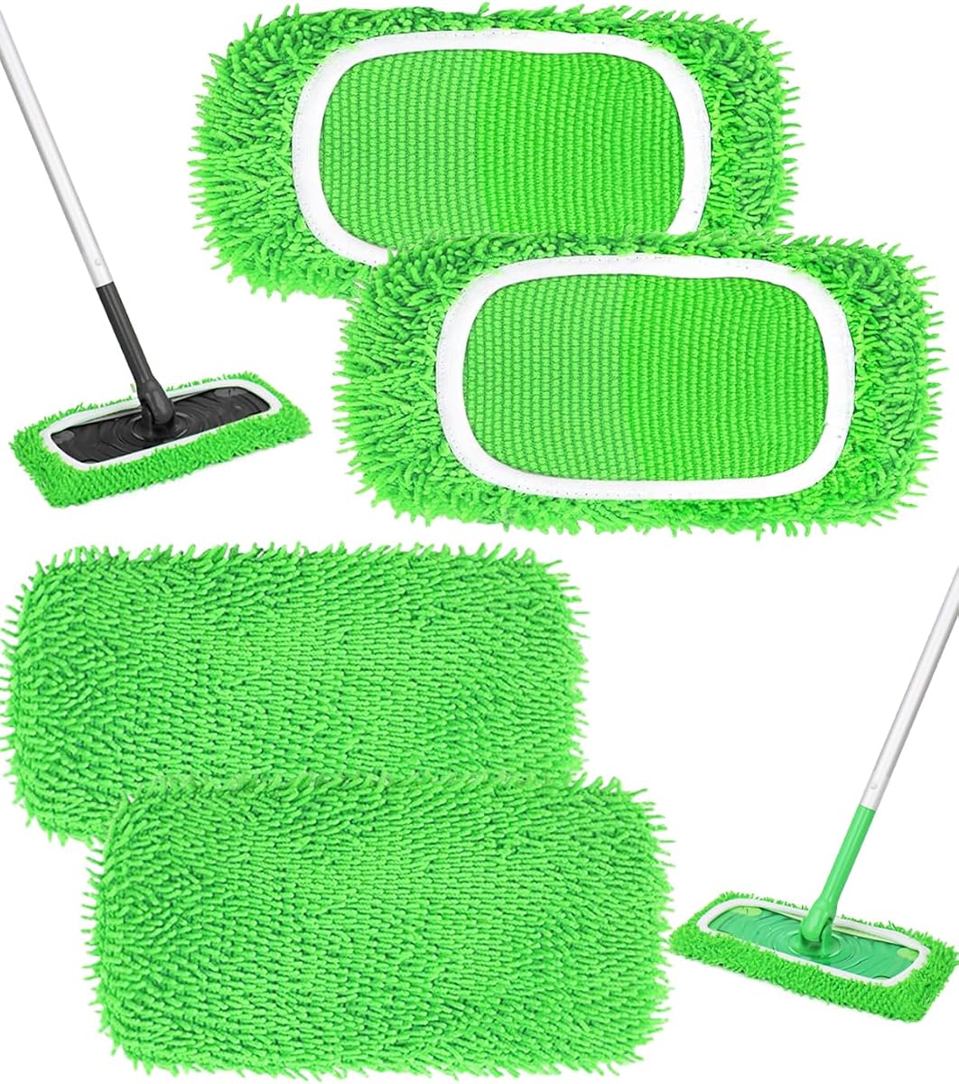 Reusable Microfiber Mop Pads Compatible with Swiffer Sweeper Mop | Wet Pads Refill, Chenille Dry Sweeping Cloths, Washable Wet Mopping Cloths & Dry Cloths for Hardwood Floor Cleaning, 4 Pack
