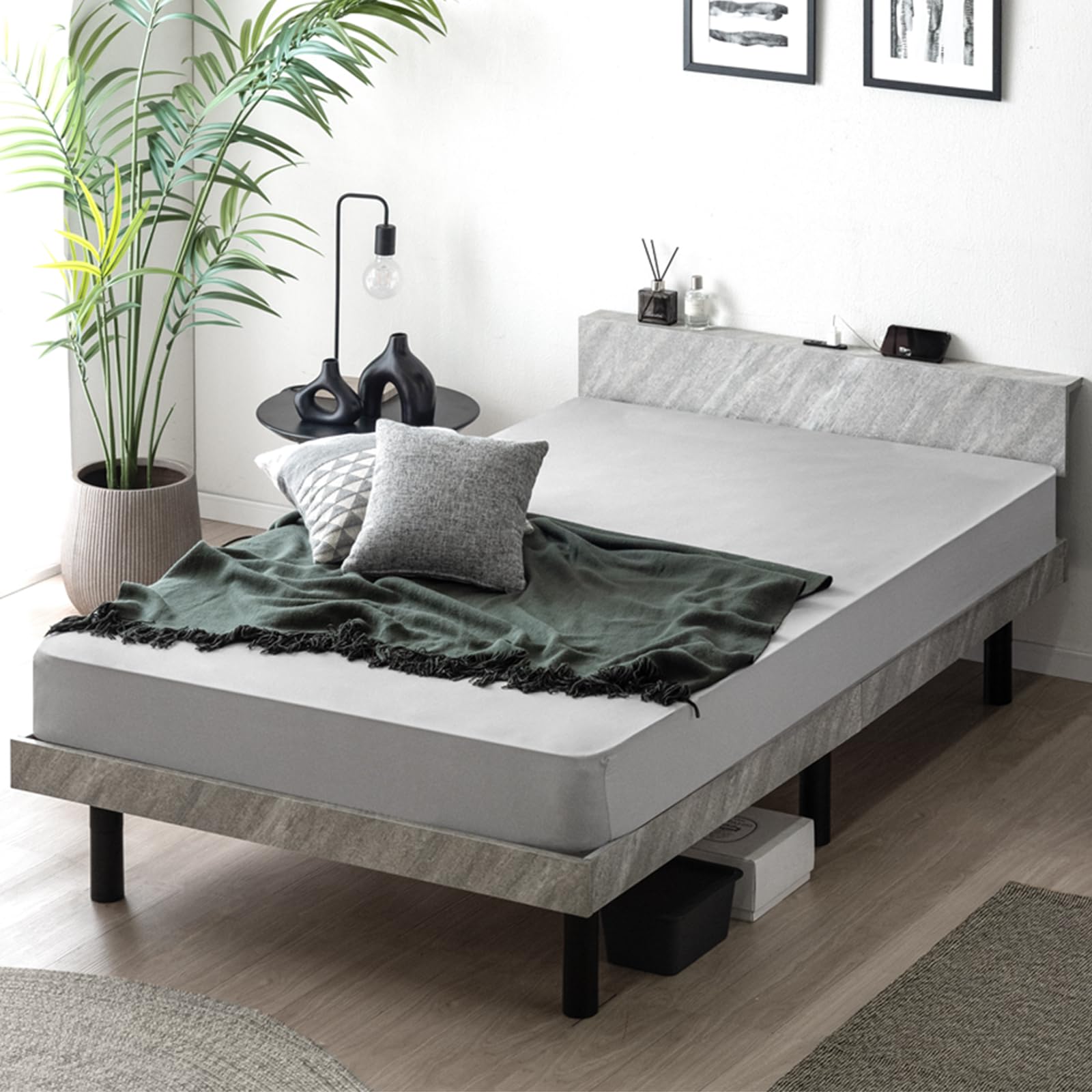 Amazon｜タンスのゲン ベッド 単品 セミダブル 宮棚付き 2口