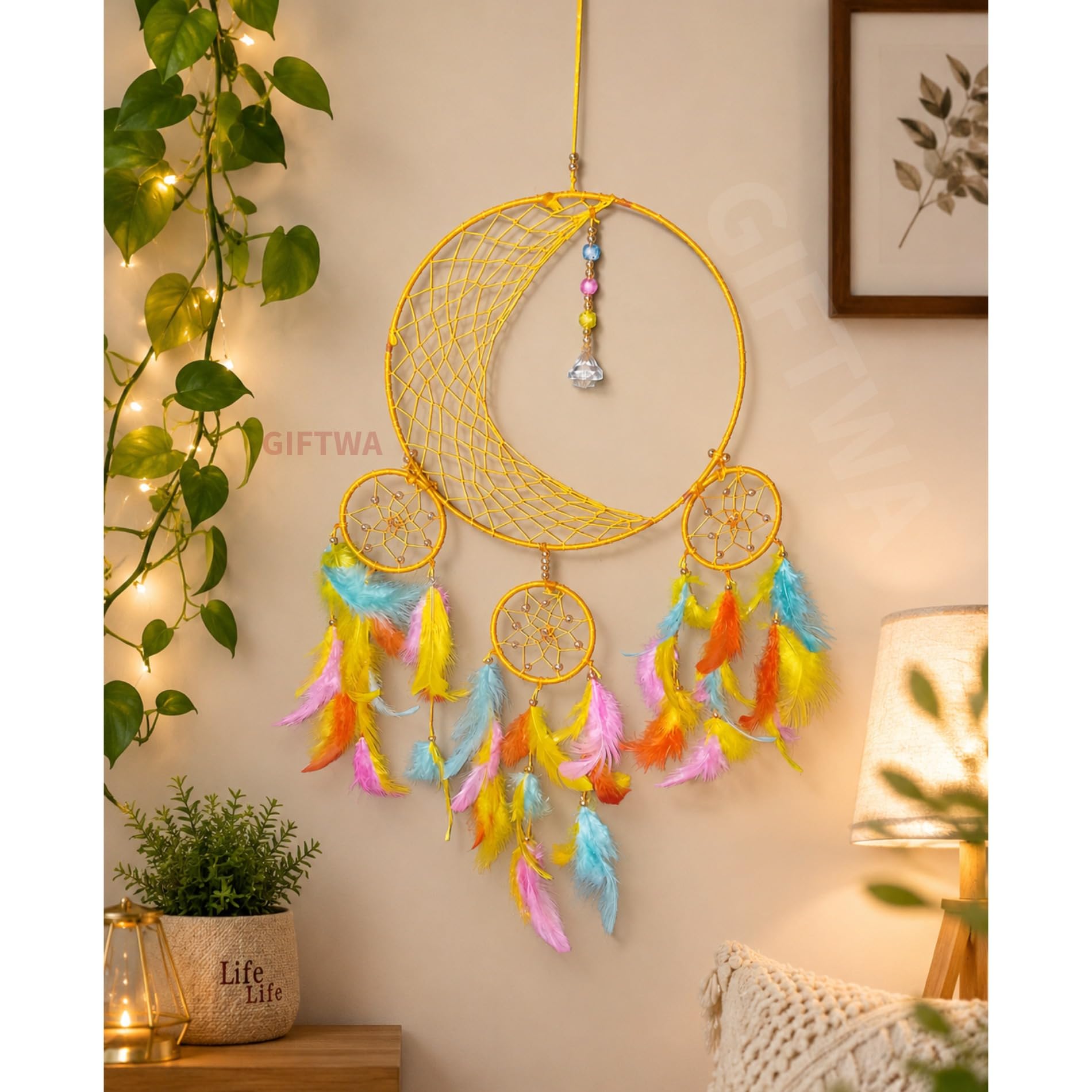 Moon Shape Dream Catcher Wall Hanging with 3 Dream Catcher Rings, Colorful Feathers & Beads | Handmade Boho Home Decor for Bedroom, Living Room, Kids Room, Nursery, Balcony & Office Decoration (Big)-image-42
