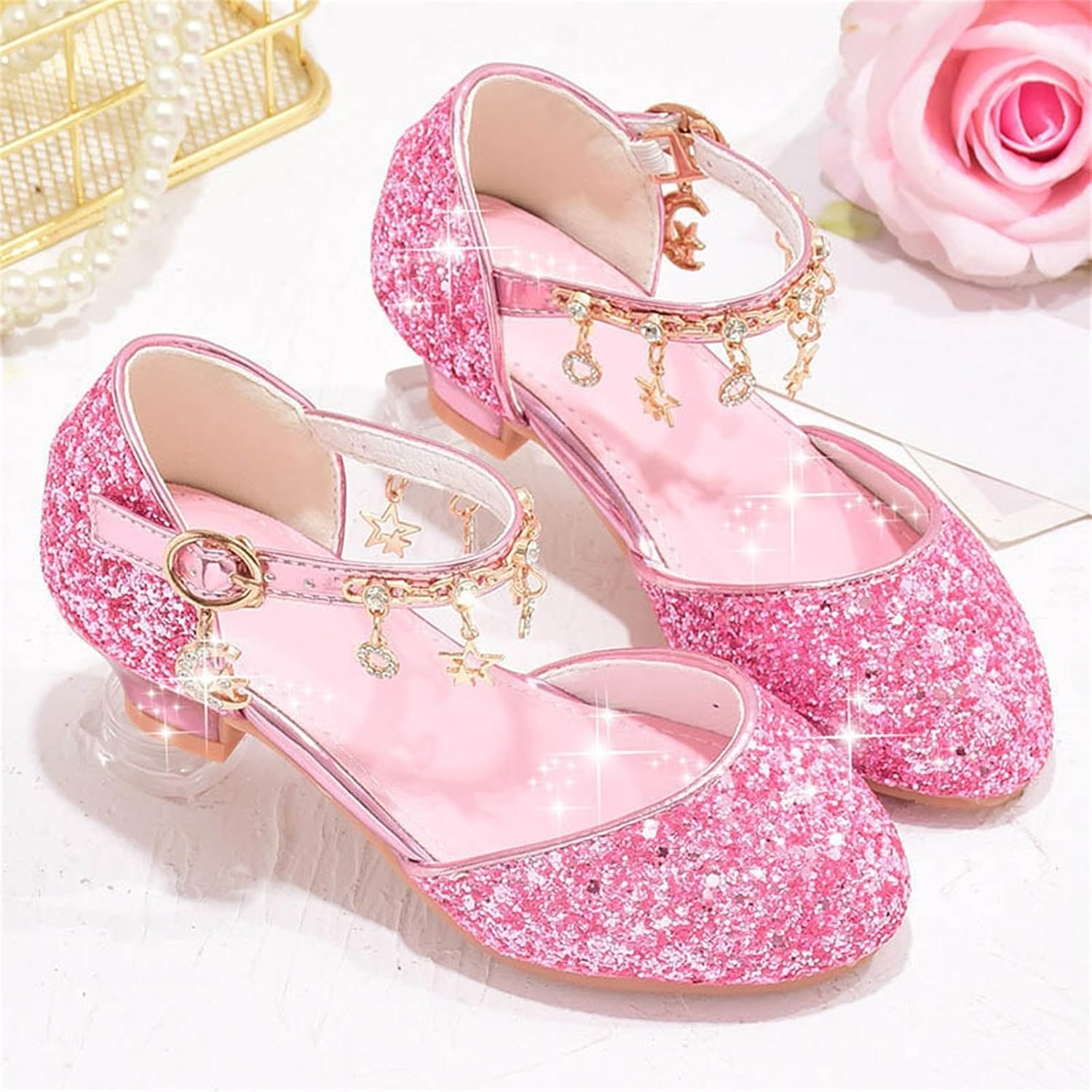 Sparkly Glitter Dress Shoes 2026 Girls Low Heel Ankle Strap Charms Princess Party Toddler Kids Footwear Pumps Flat