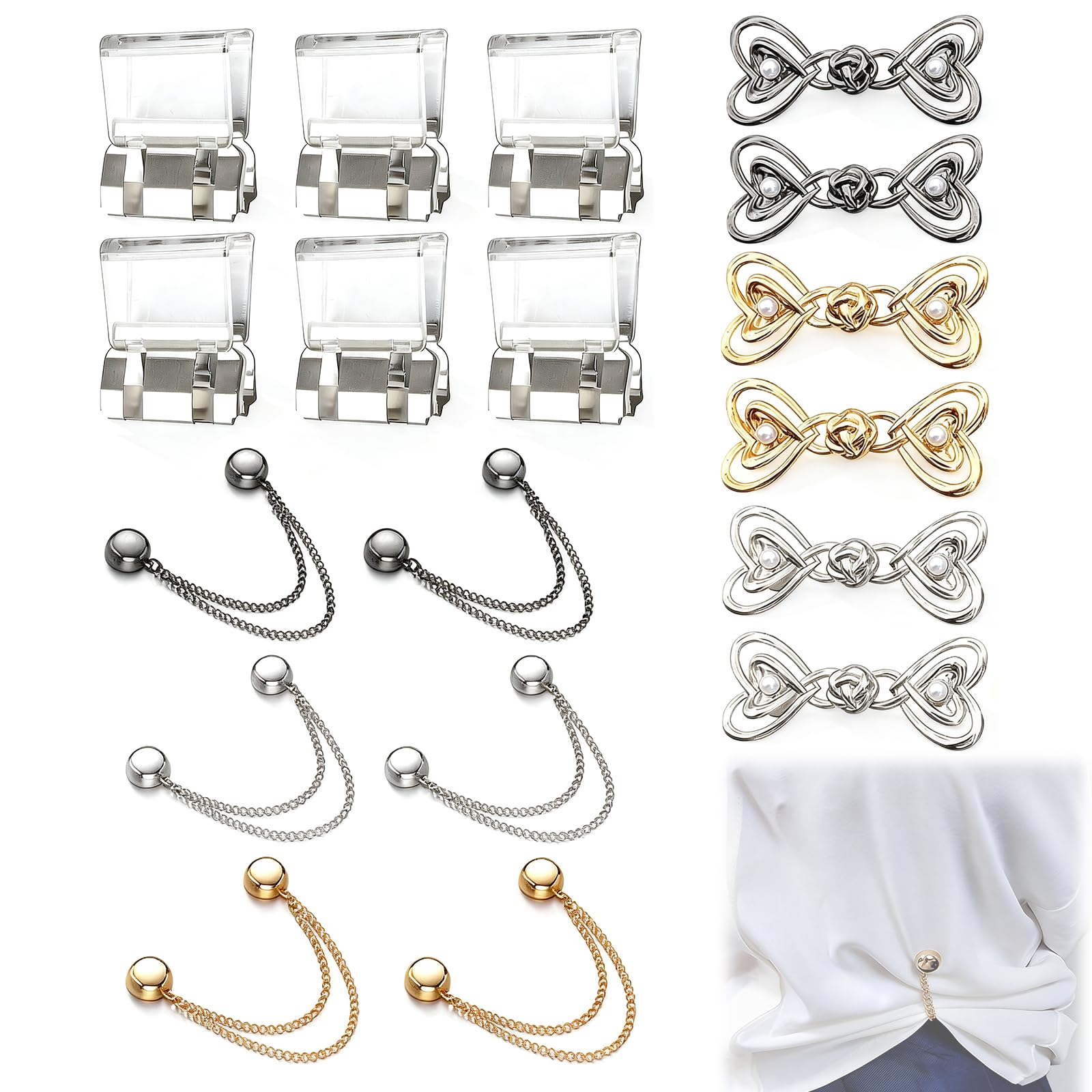 klahh 18 Pcs Clothing Adjustment Set, Includes 6 Magnetic Hem Adjusters, 6 Invisible Pant Leg Clips, 6 Heart-Shaped Waist Snaps, No Sew Clip for Jeans Trousers Skirts