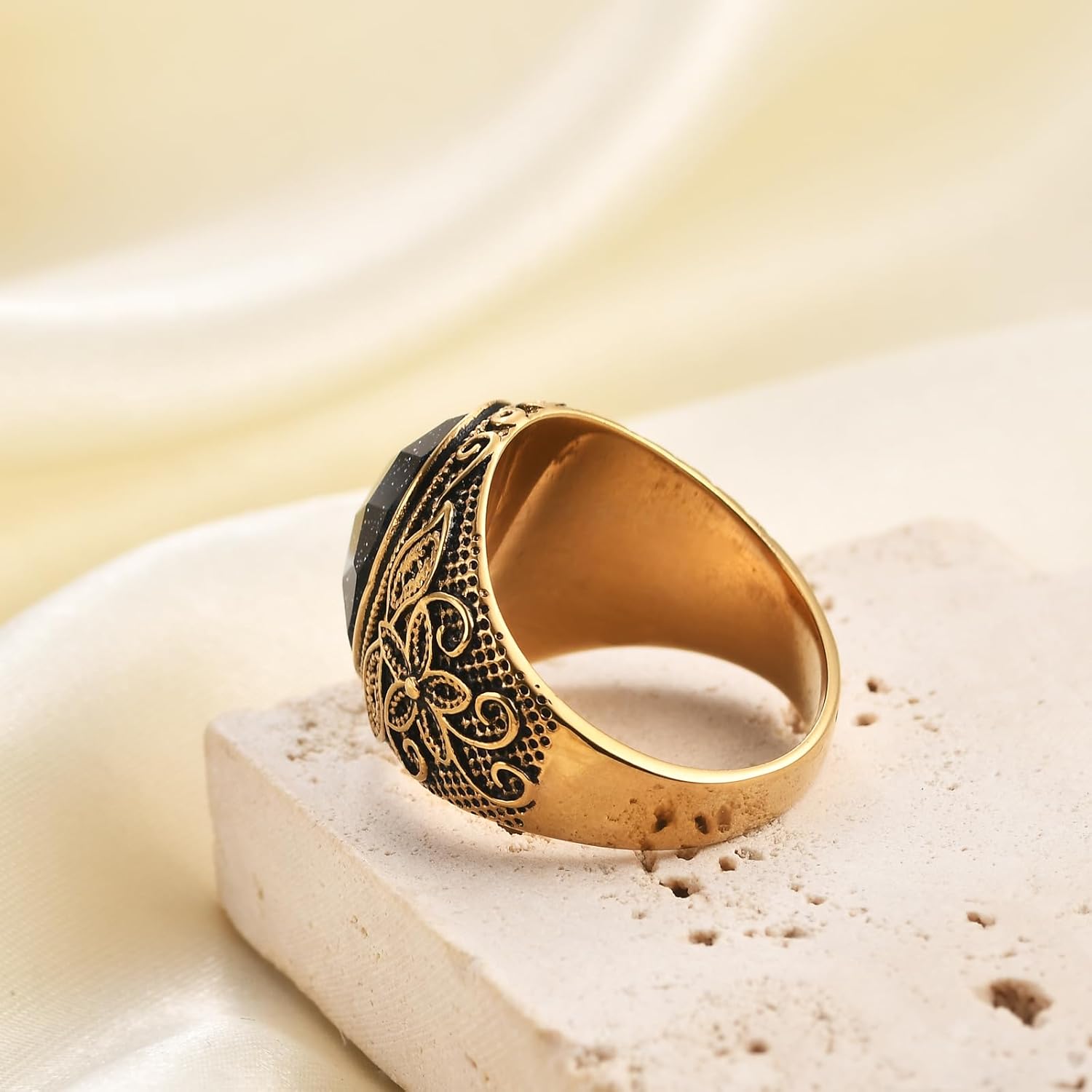 Retro Large Tiger Eye Stone Turquoise Wedding Ring For Men Classical Gothic Stainless Steel Rings - Image 7