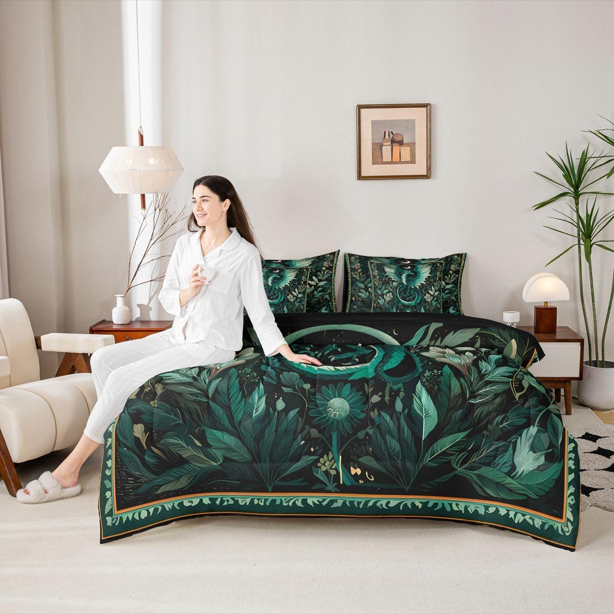 Feelyou Dragon Comforter Set Queen Size 7 Pieces Dragon Stuff Bedding Set Wild Life Bed in a Bag with Comforter,Sheets,Pillowcases,Cushion Covers Magic Wildlife Bedroom Decor Greenish Quilted