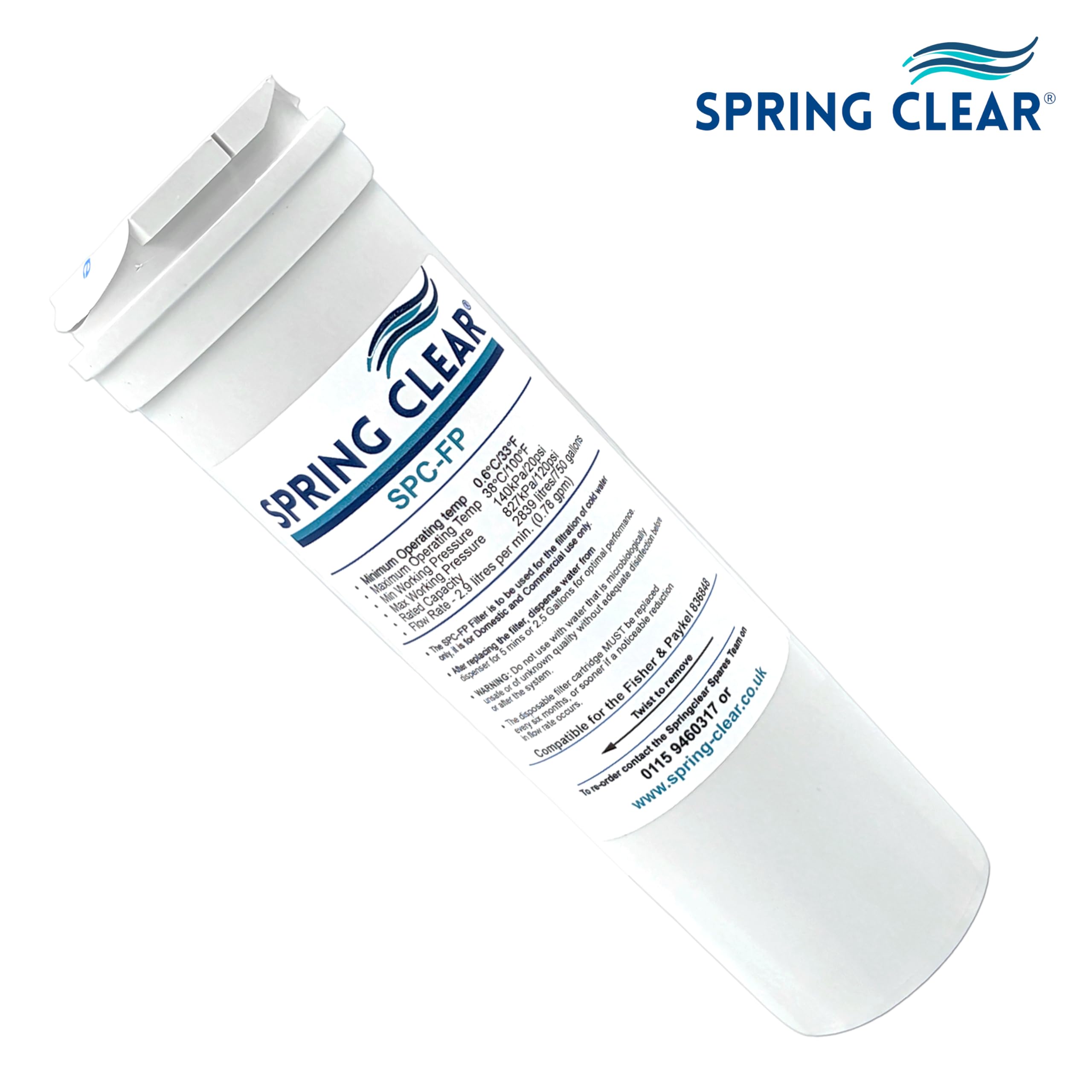 Spring Clear SPC-FP - Cartucho de filtro de agua para nevera compatible con Fisher & Paykel 836848, Whirlpool, Smeg, Beko, Brita y más, reduce el olor y el sabor del cloro (paquete de 4)