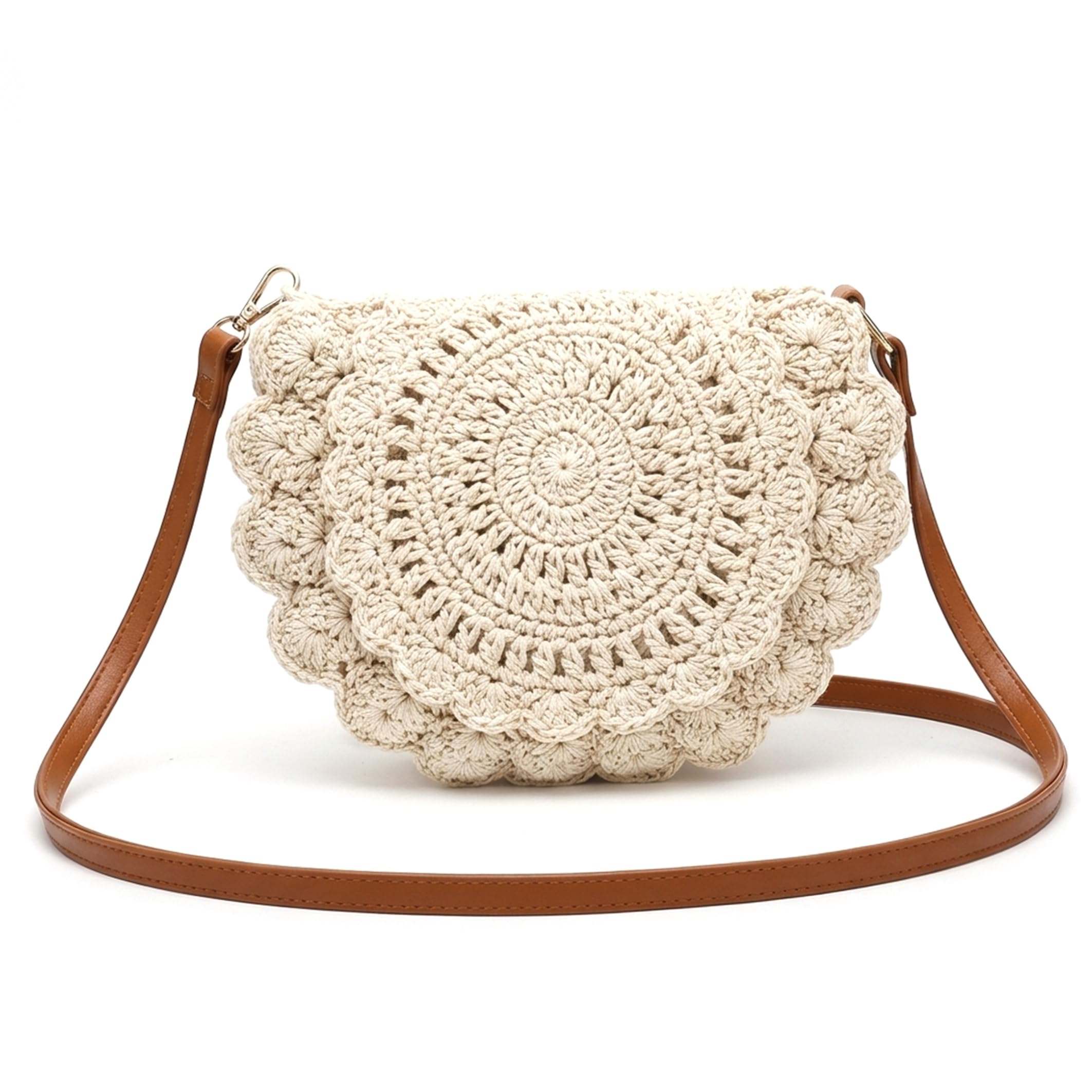 Ameble Unisex Beige Boho Crochet Cotton Rope Woven Crossbody Bag For Women, Saddle Purse, Shoulder Bag, Casual Summer Beach Travel Essential,