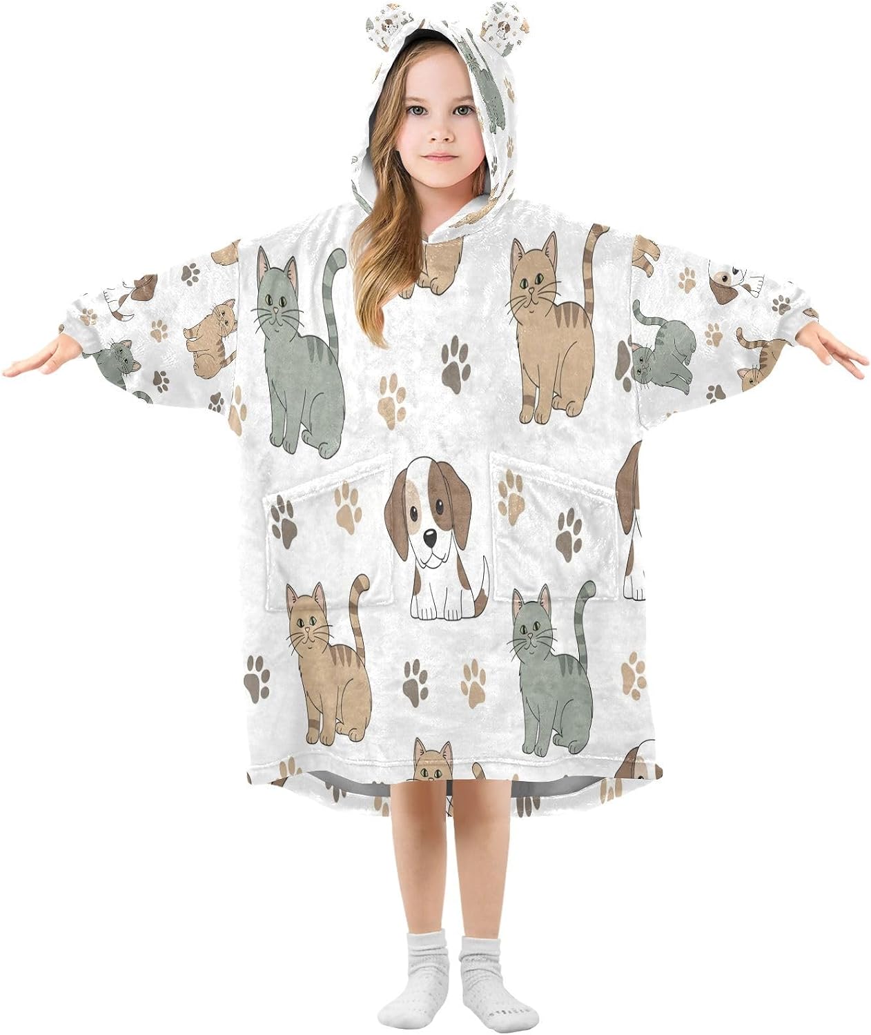 Kigai Cute Dogs Wearable Blanket Hoodie for Kids Oversized Hooded Blanket Warm & Cozy Sweatshirt with Pockets