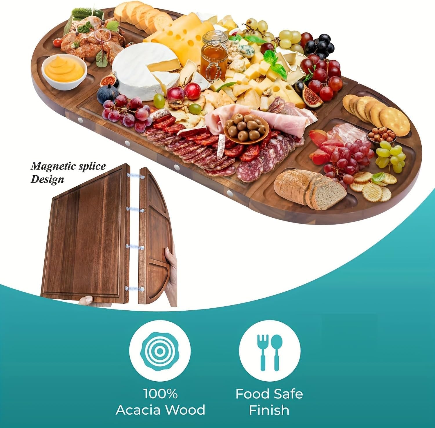 Large Wooden Charcuterie Board Set - 3-Piece Magnetic Serving Board Tray with Accessories & Cheese Knives (Acacia Wood)